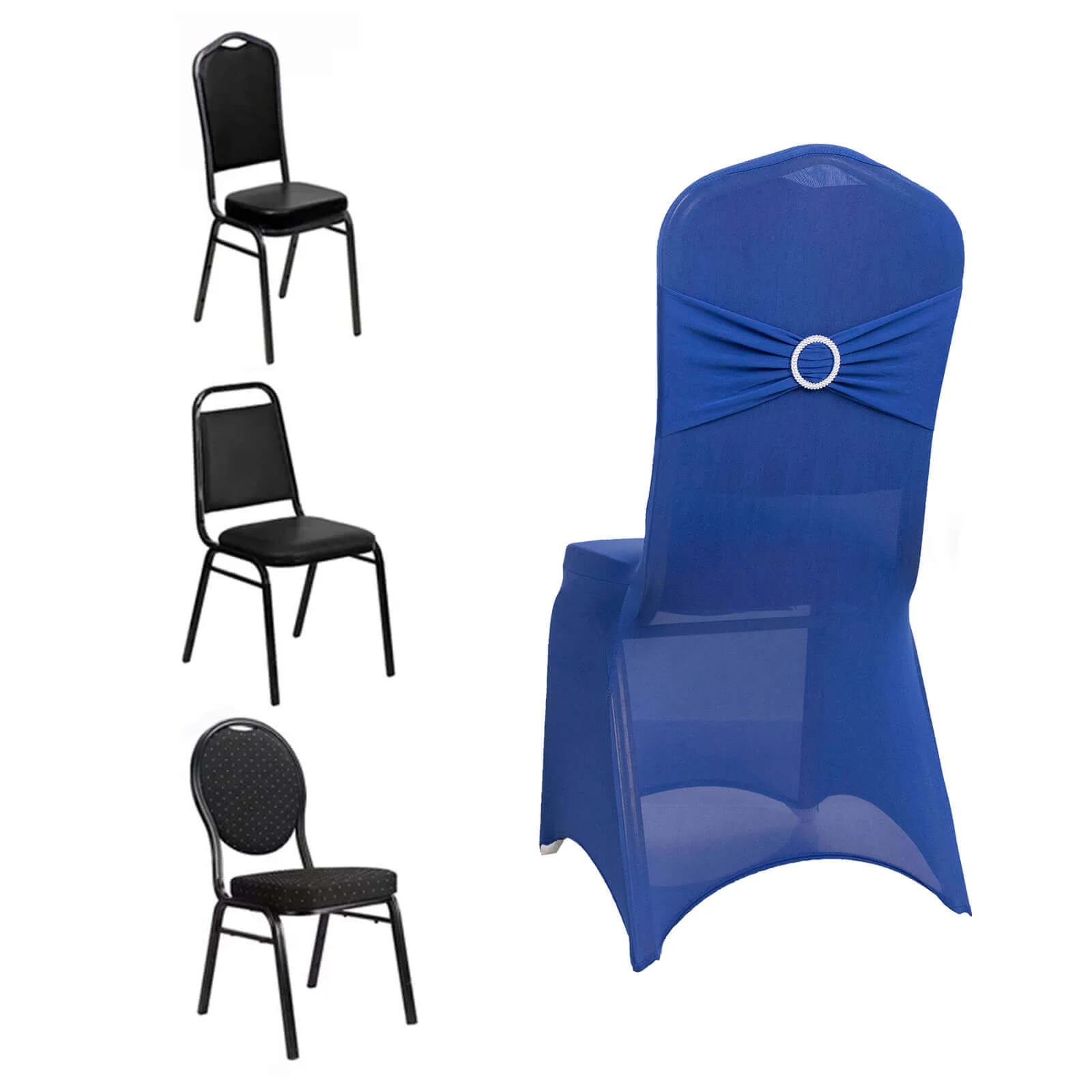Spandex Banquet Chair Cover Royal Blue with Silver Rhinestone Buckled Sash Band - Stretched Fitted Slip-On Slipcover - Image 3