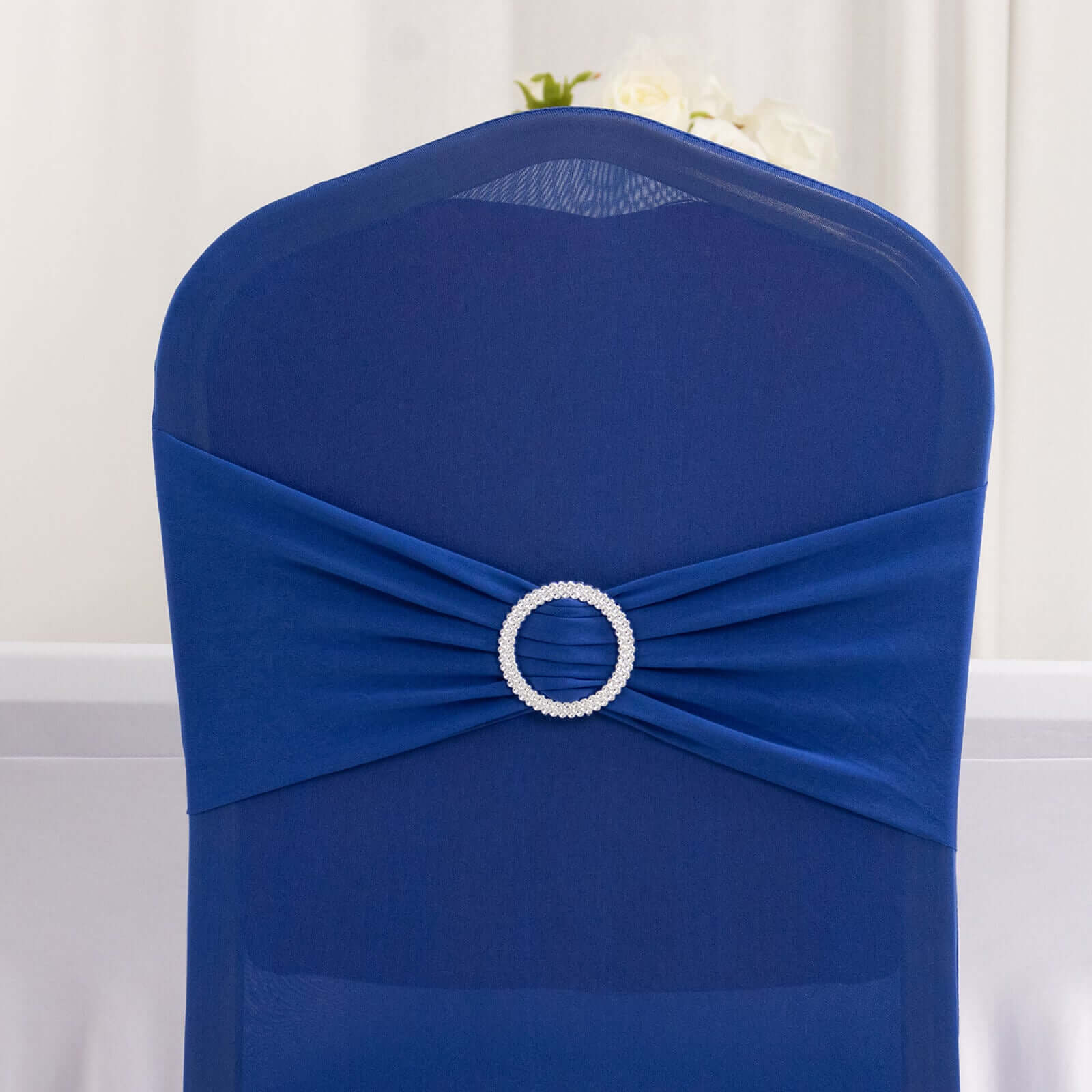 Spandex Banquet Chair Cover Royal Blue with Silver Rhinestone Buckled Sash Band - Stretched Fitted Slip-On Slipcover - Image 7