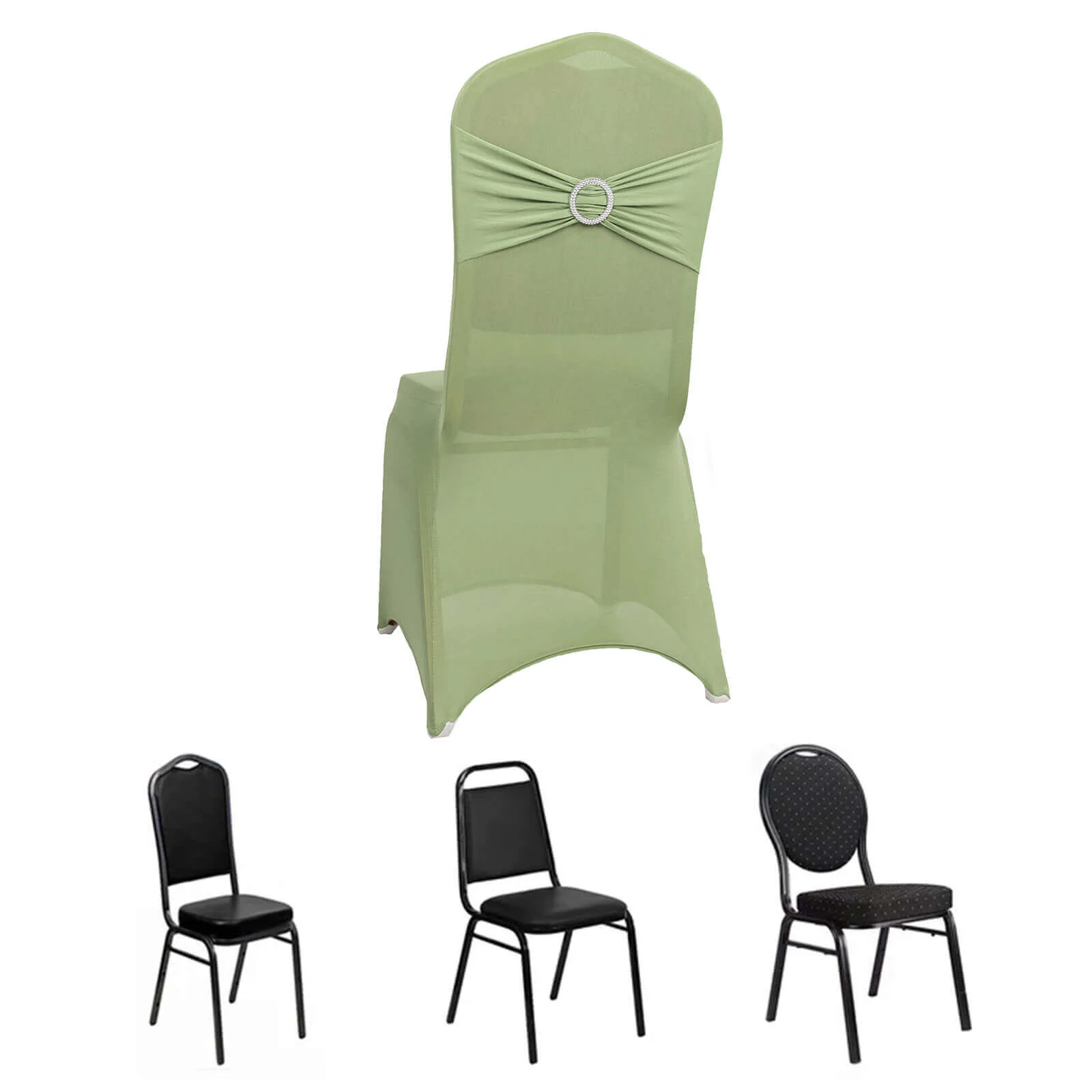 Spandex Banquet Chair Cover Sage Green with Silver Rhinestone Buckled Sash Band - Stretched Fitted Slip-On Slipcover