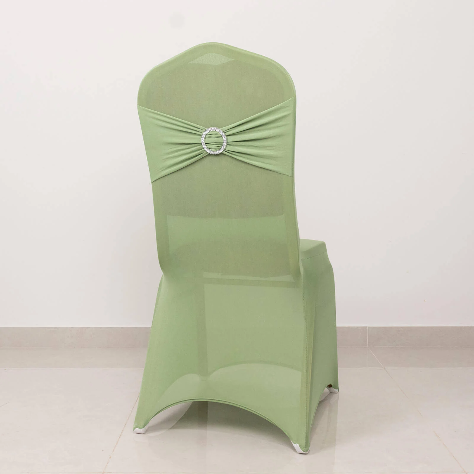 Spandex Banquet Chair Cover Sage Green with Silver Rhinestone Buckled Sash Band - Stretched Fitted Slip-On Slipcover - Image 2