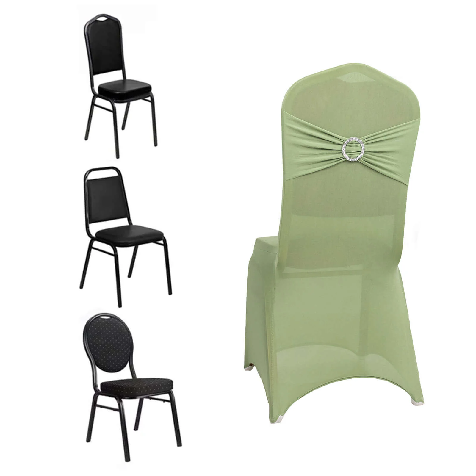 Spandex Banquet Chair Cover Sage Green with Silver Rhinestone Buckled Sash Band - Stretched Fitted Slip-On Slipcover - Image 3