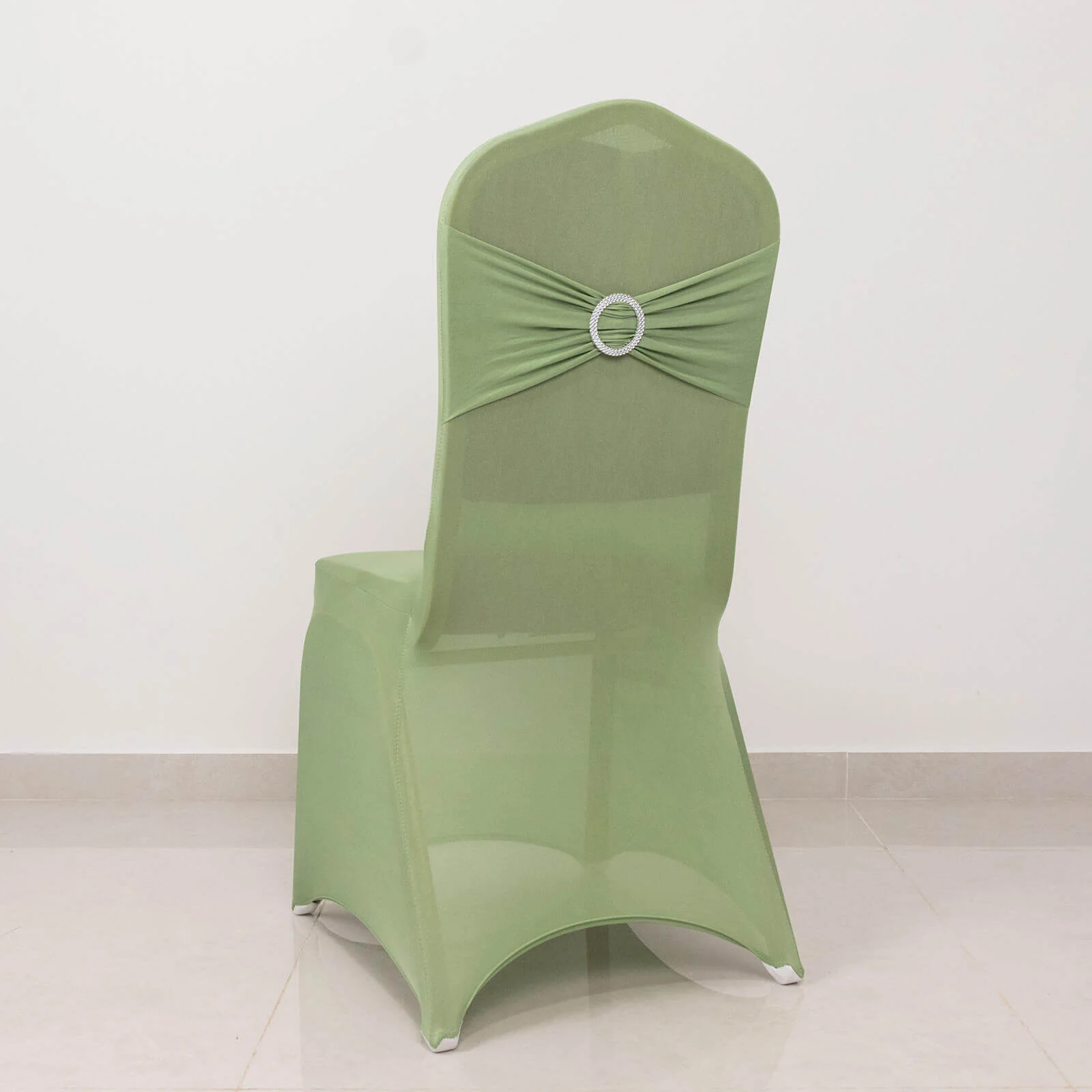 Spandex Banquet Chair Cover Sage Green with Silver Rhinestone Buckled Sash Band - Stretched Fitted Slip-On Slipcover - Image 6