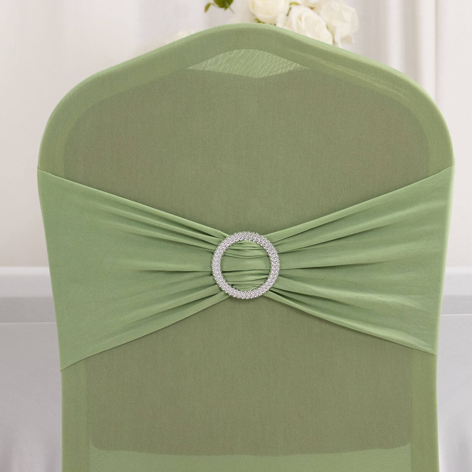 Spandex Banquet Chair Cover Sage Green with Silver Rhinestone Buckled Sash Band - Stretched Fitted Slip-On Slipcover - Image 7