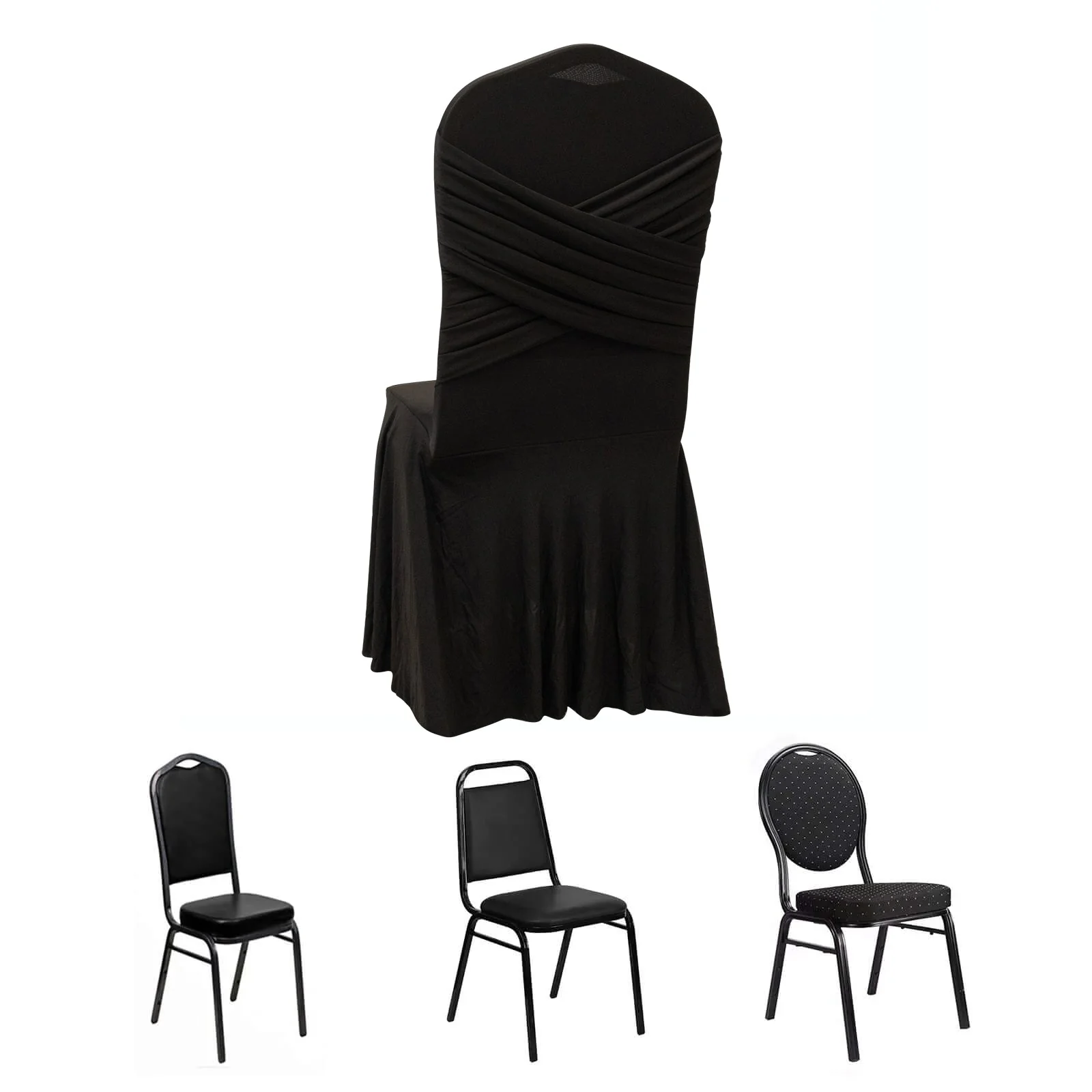 Spandex Banquet Chair Cover with Ruffle Pleated Skirt Cross Back Sash – Black Stretch Fitted Slipcover for Weddings & Events