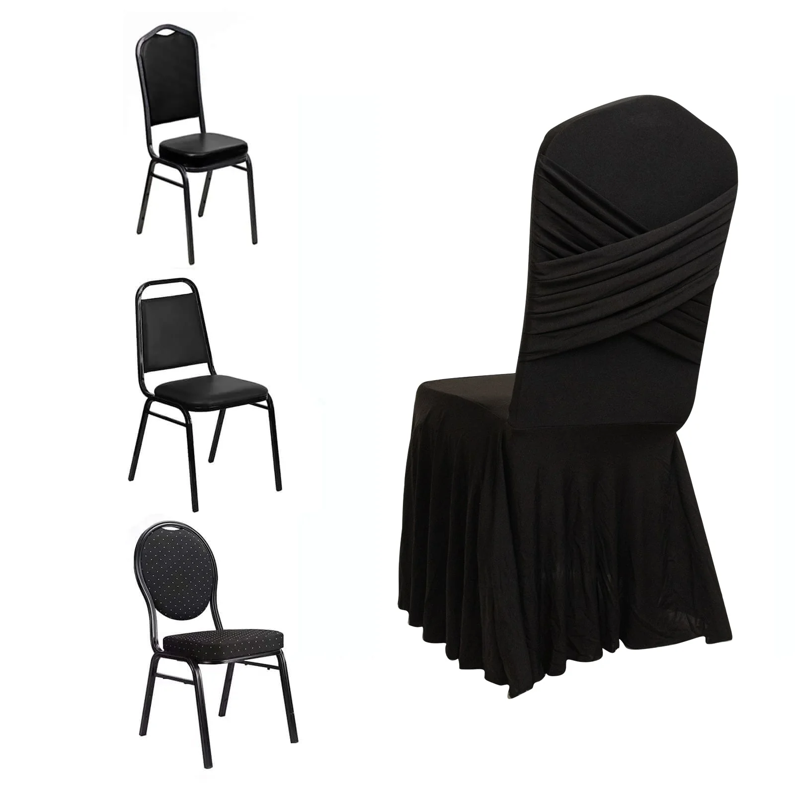 Spandex Banquet Chair Cover with Ruffle Pleated Skirt Cross Back Sash – Black Stretch Fitted Slipcover for Weddings & Events - Image 3