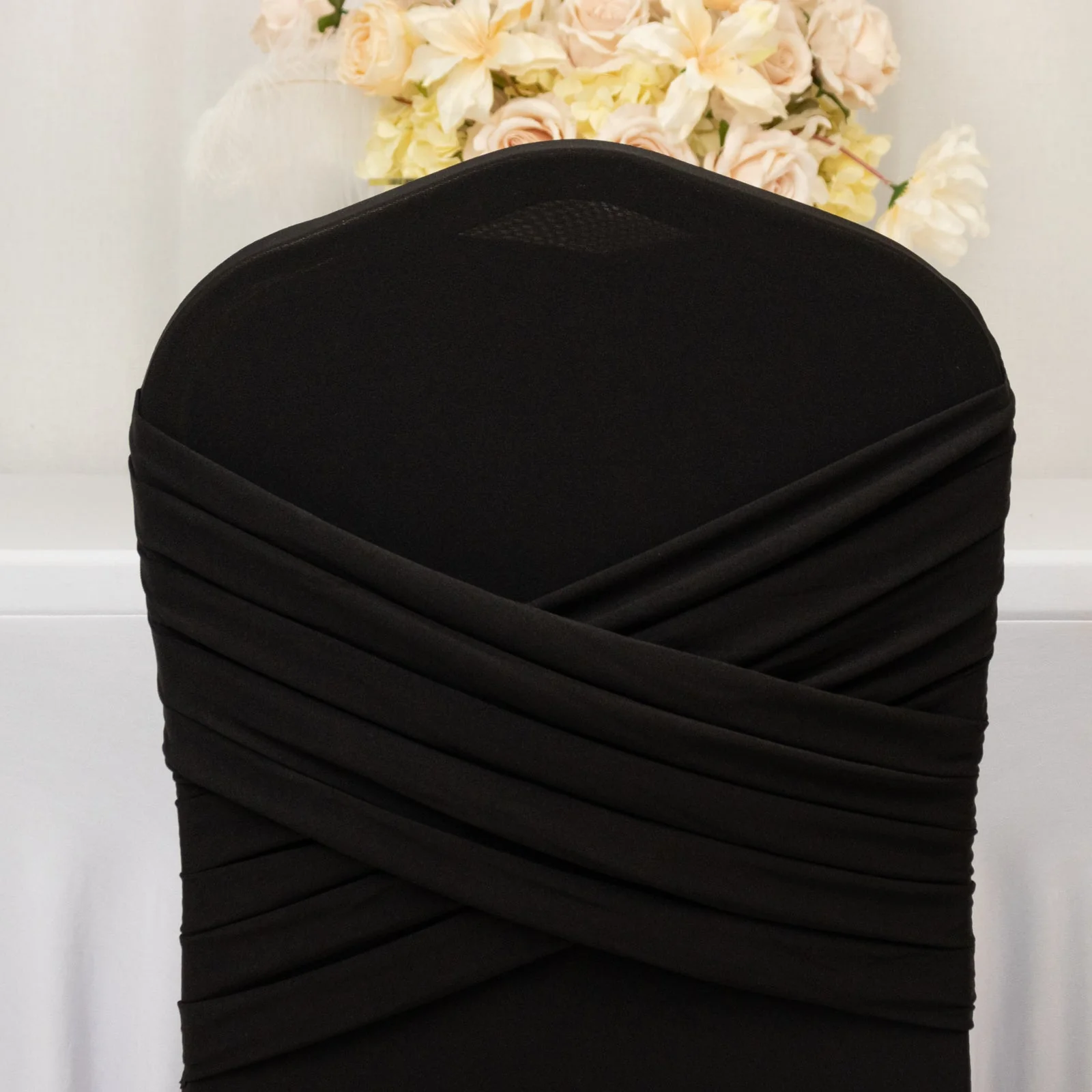 Spandex Banquet Chair Cover with Ruffle Pleated Skirt Cross Back Sash – Black Stretch Fitted Slipcover for Weddings & Events - Image 9