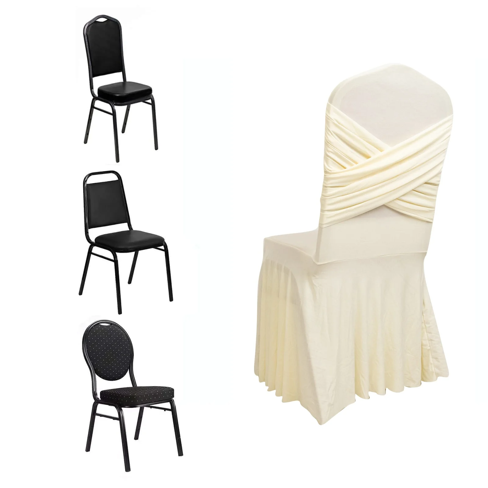 Spandex Banquet Chair Cover with Ruffle Pleated Skirt Cross Back Sash – Ivory Stretch Fitted Slipcover for Weddings & Events - Image 3