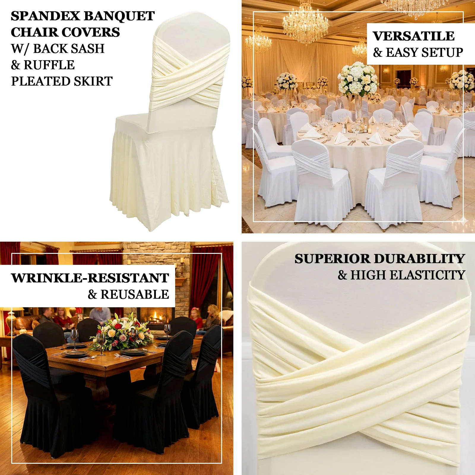 Spandex Banquet Chair Cover with Ruffle Pleated Skirt Cross Back Sash – Ivory Stretch Fitted Slipcover for Weddings & Events - Image 4