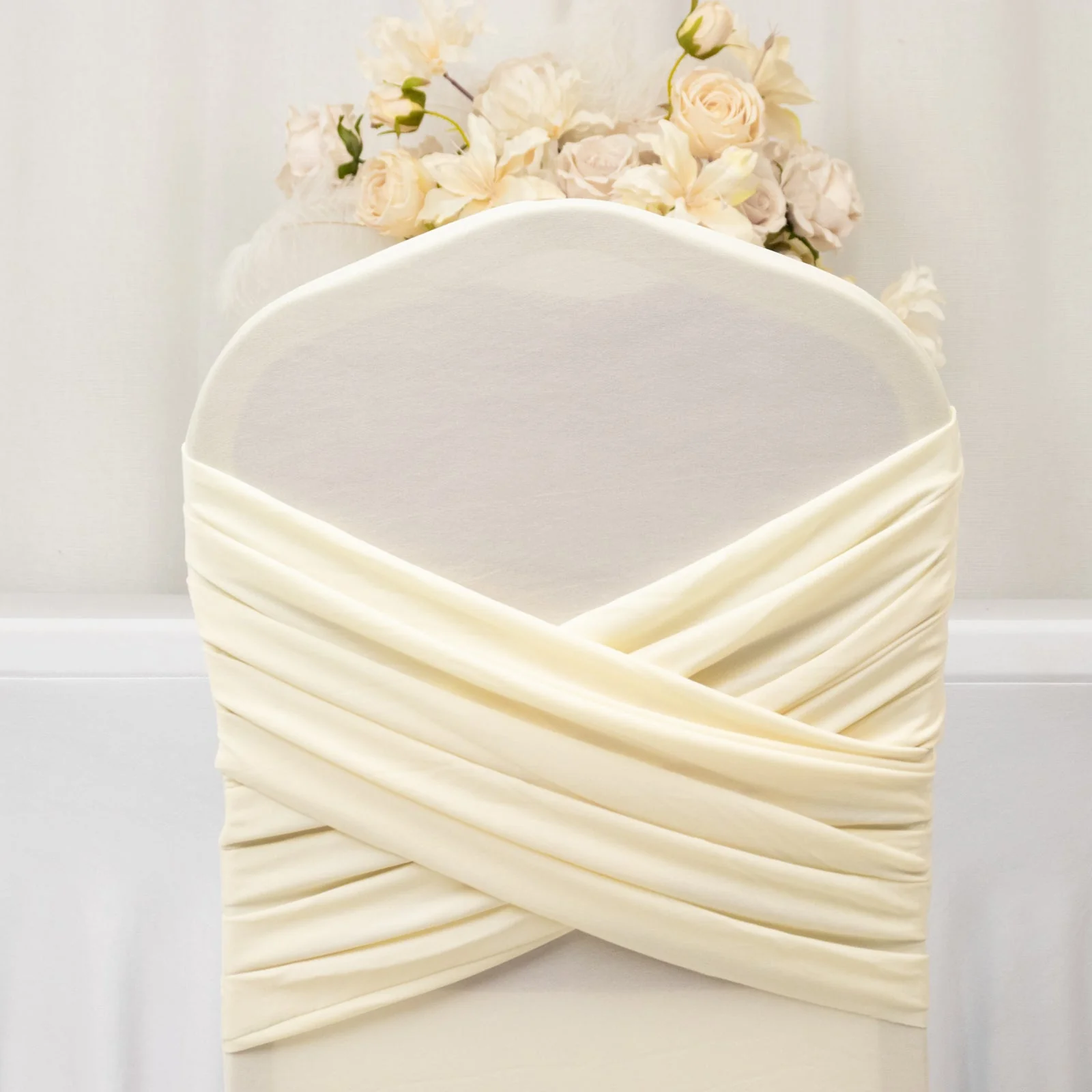 Spandex Banquet Chair Cover with Ruffle Pleated Skirt Cross Back Sash – Ivory Stretch Fitted Slipcover for Weddings & Events - Image 7