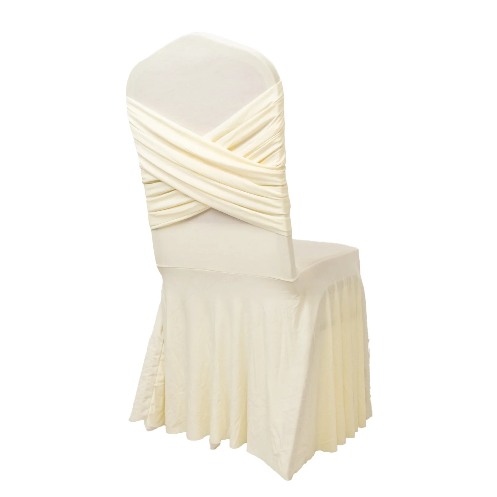 Spandex Banquet Chair Cover with Ruffle Pleated Skirt Cross Back Sash – Ivory Stretch Fitted Slipcover for Weddings & Events - Image 8