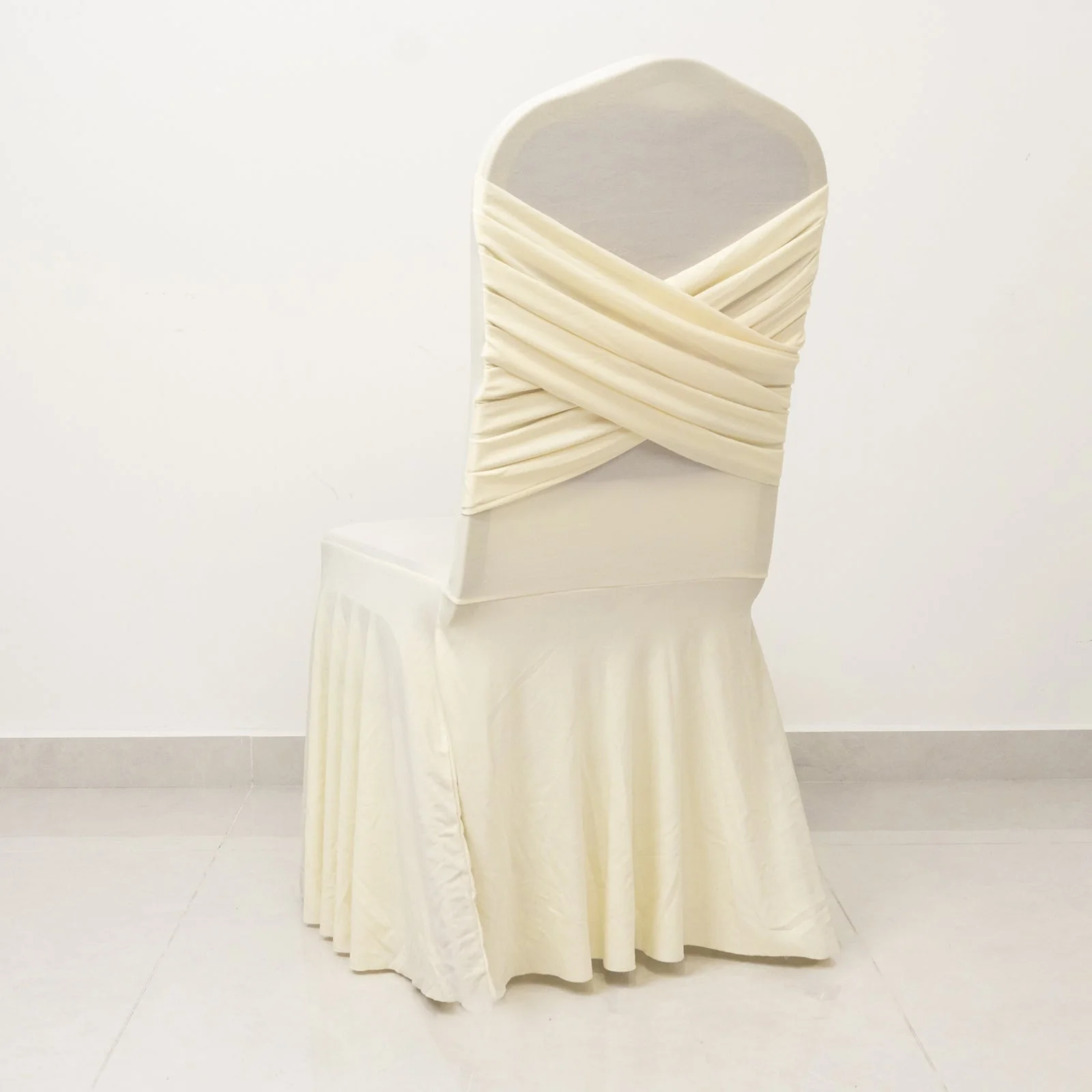 Spandex Banquet Chair Cover with Ruffle Pleated Skirt Cross Back Sash – Ivory Stretch Fitted Slipcover for Weddings & Events - Image 9