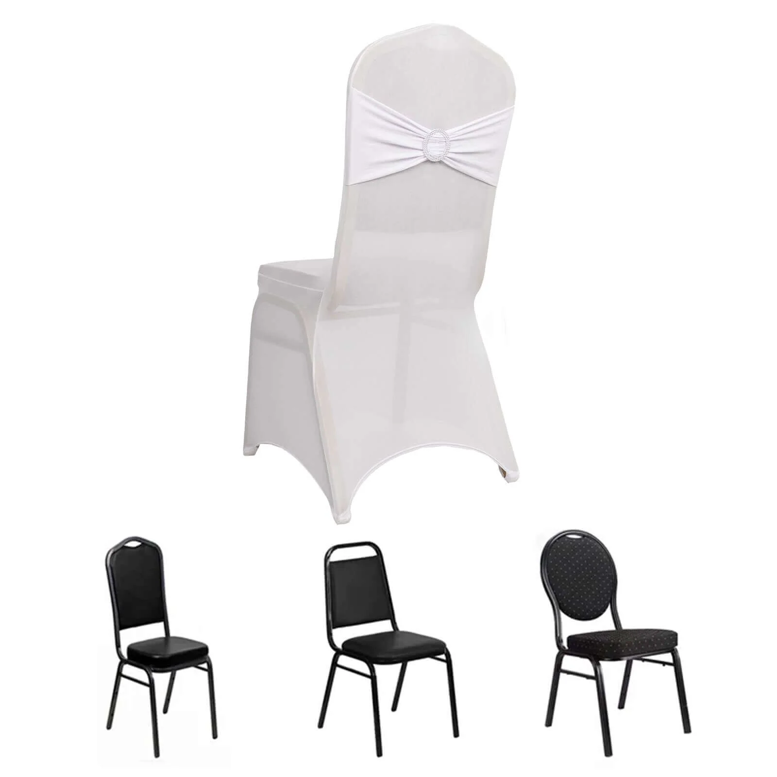 Spandex Banquet Chair Cover White with Silver Rhinestone Buckled Sash Band - Stretched Fitted Slip-On Slipcover