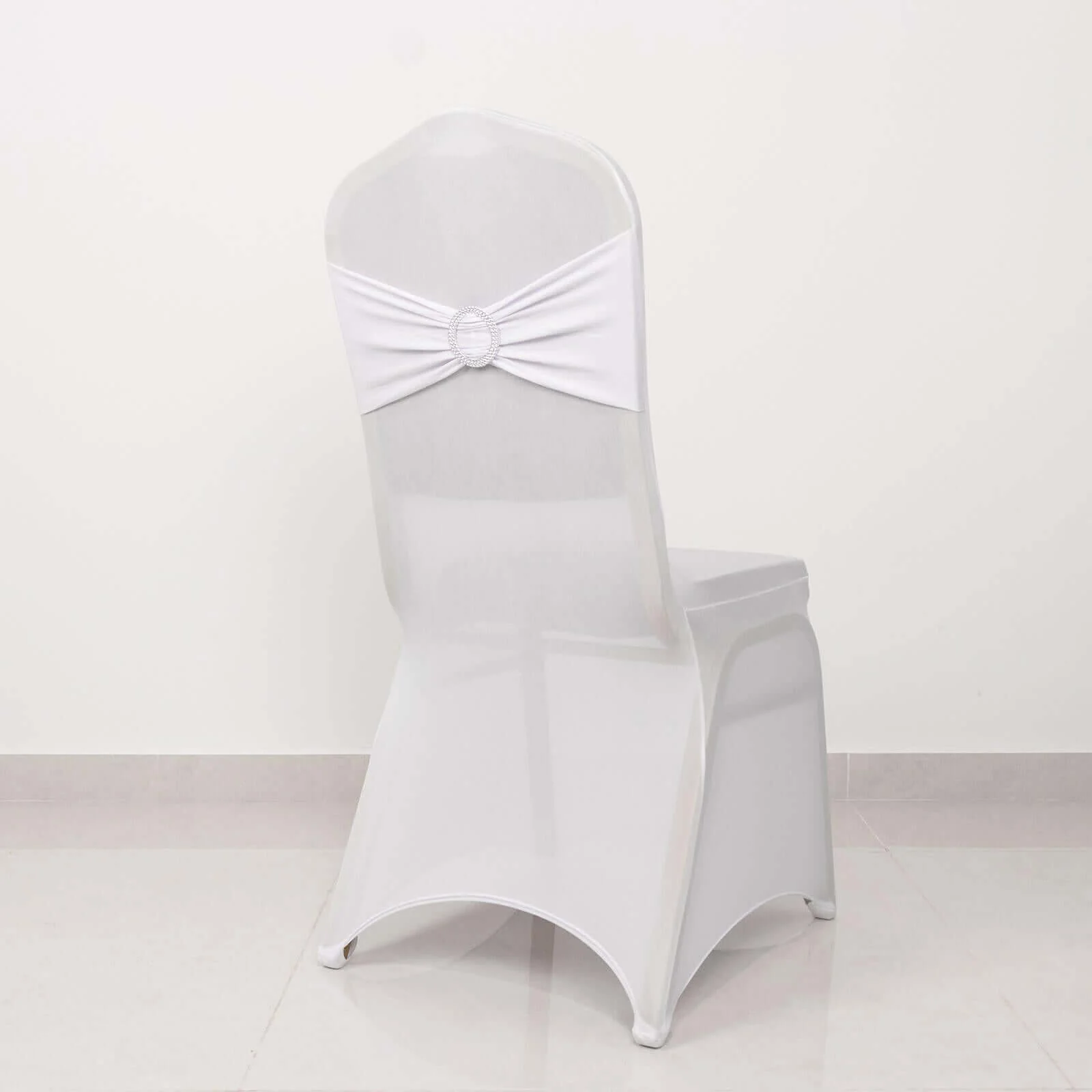 Spandex Banquet Chair Cover White with Silver Rhinestone Buckled Sash Band - Stretched Fitted Slip-On Slipcover - Image 2