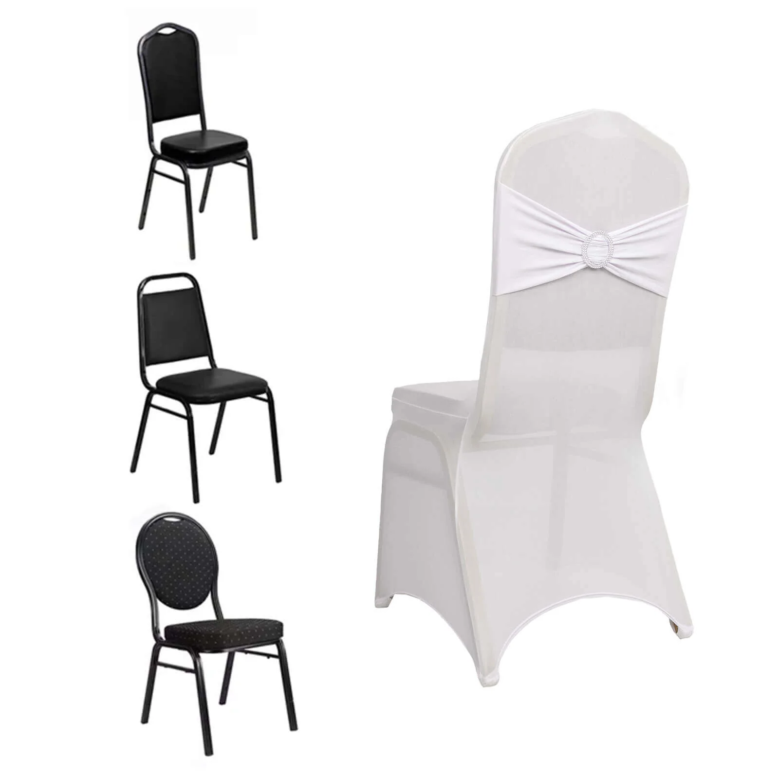 Spandex Banquet Chair Cover White with Silver Rhinestone Buckled Sash Band - Stretched Fitted Slip-On Slipcover - Image 3