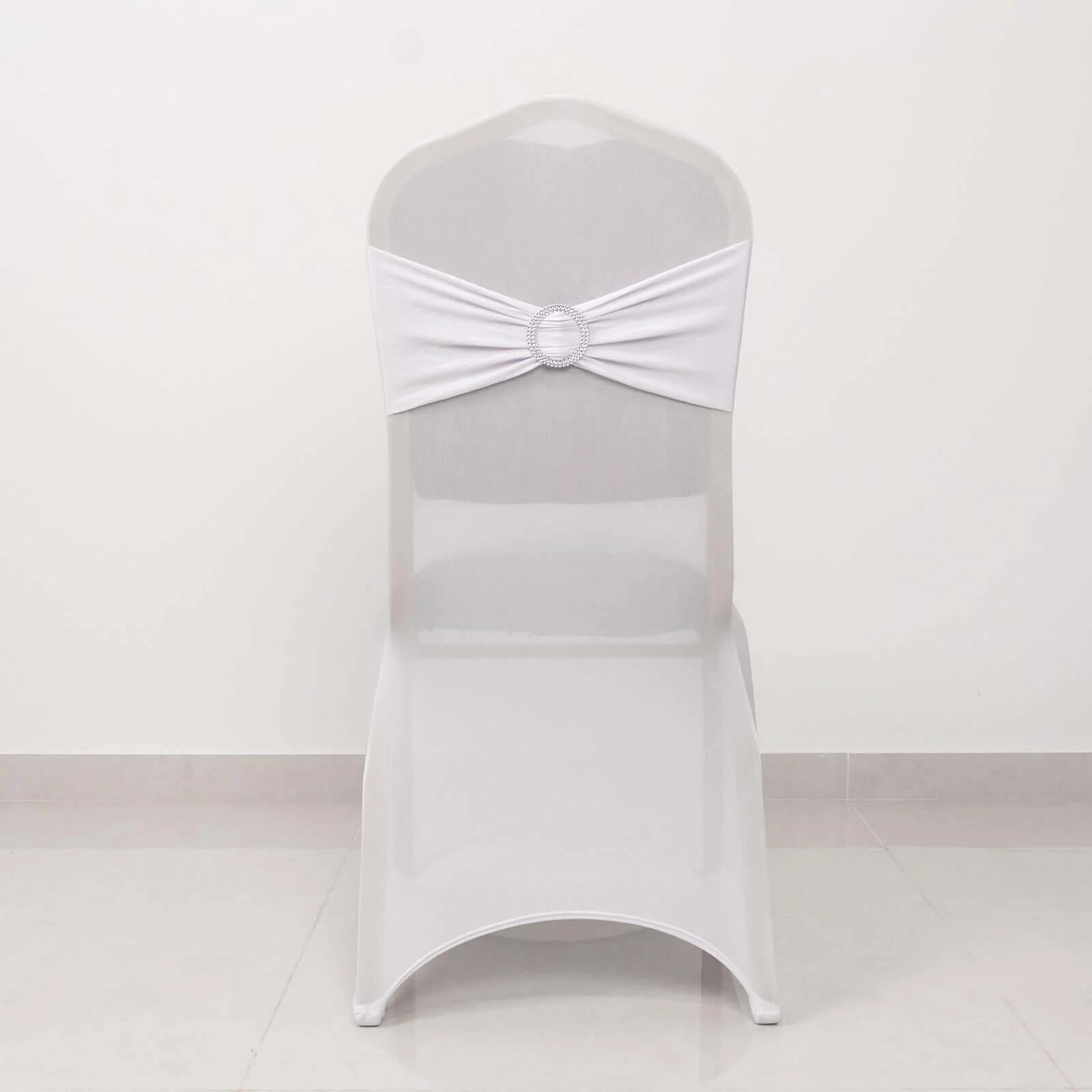 Spandex Banquet Chair Cover White with Silver Rhinestone Buckled Sash Band - Stretched Fitted Slip-On Slipcover - Image 6