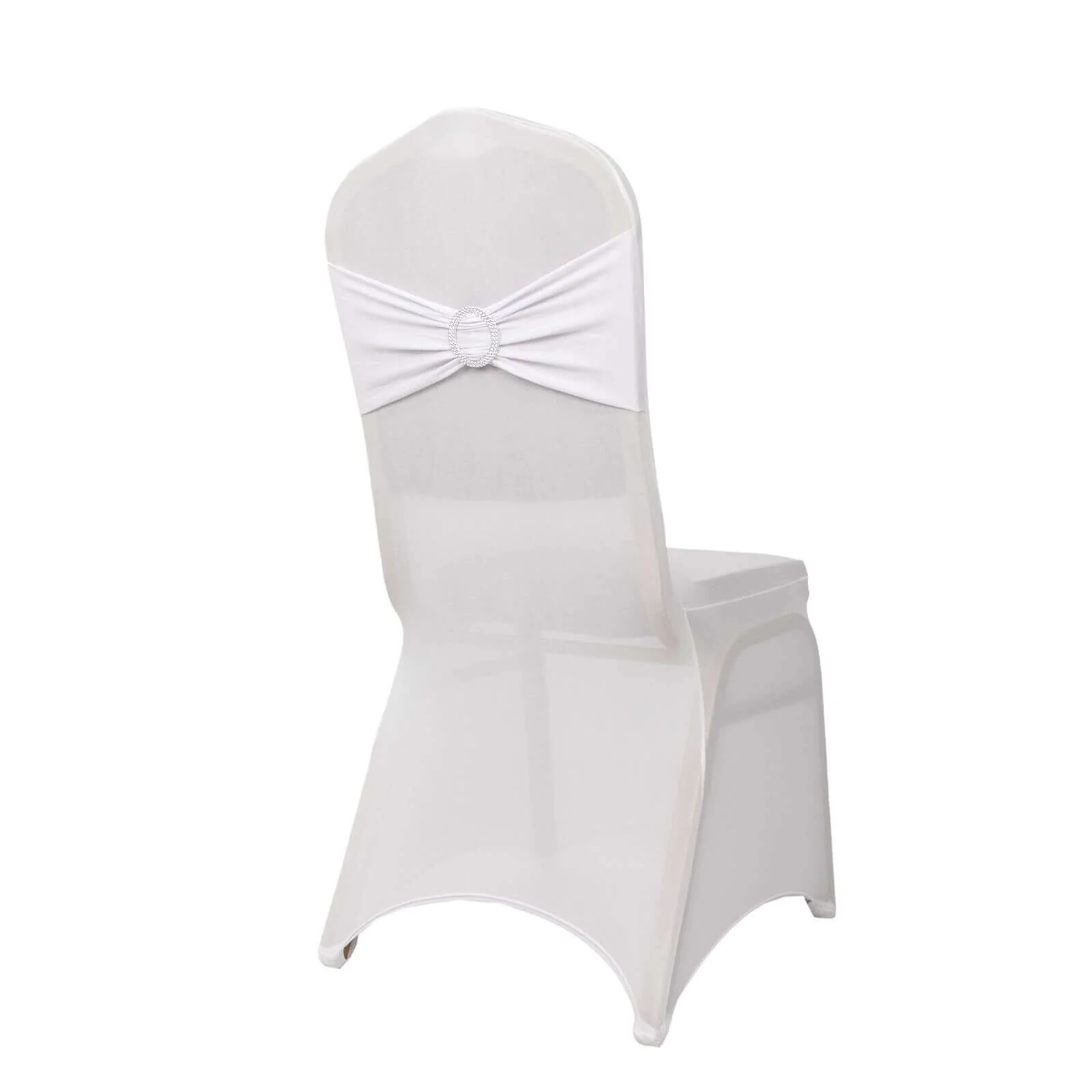Spandex Banquet Chair Cover White with Silver Rhinestone Buckled Sash Band - Stretched Fitted Slip-On Slipcover - Image 8