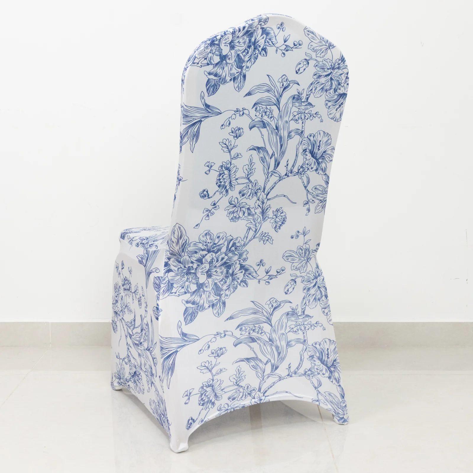 10 Pack Spandex Fitted Banquet Chair Covers – White Blue French Toile Stretch Slip-On Reusable Floral Slipcovers