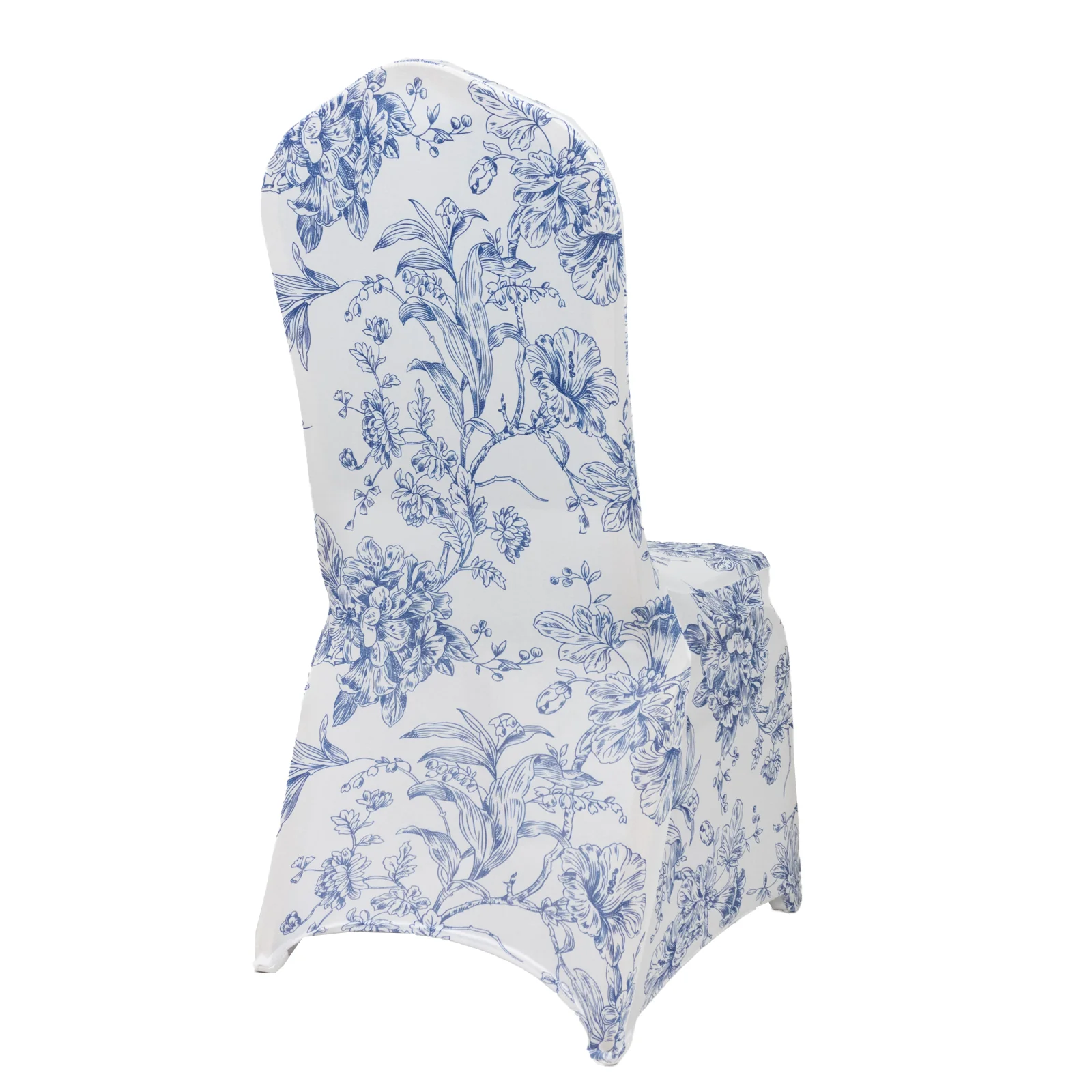10 Pack Spandex Fitted Banquet Chair Covers – White Blue French Toile Stretch Slip-On Reusable Floral Slipcovers - Image 3