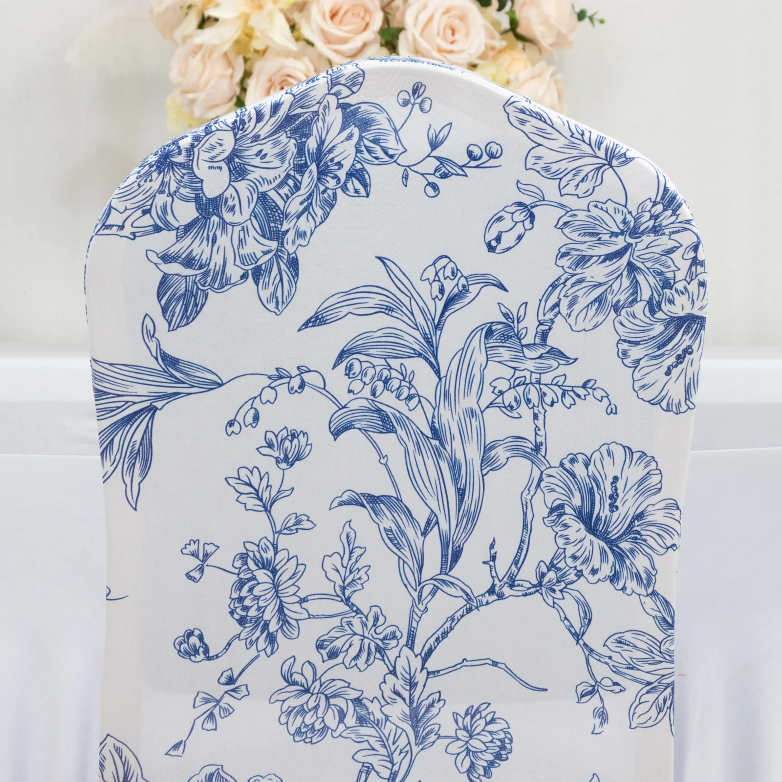 10 Pack Spandex Fitted Banquet Chair Covers – White Blue French Toile Stretch Slip-On Reusable Floral Slipcovers - Image 4