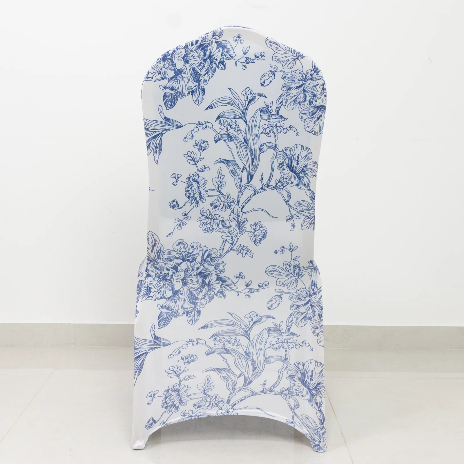 10 Pack Spandex Fitted Banquet Chair Covers – White Blue French Toile Stretch Slip-On Reusable Floral Slipcovers - Image 5