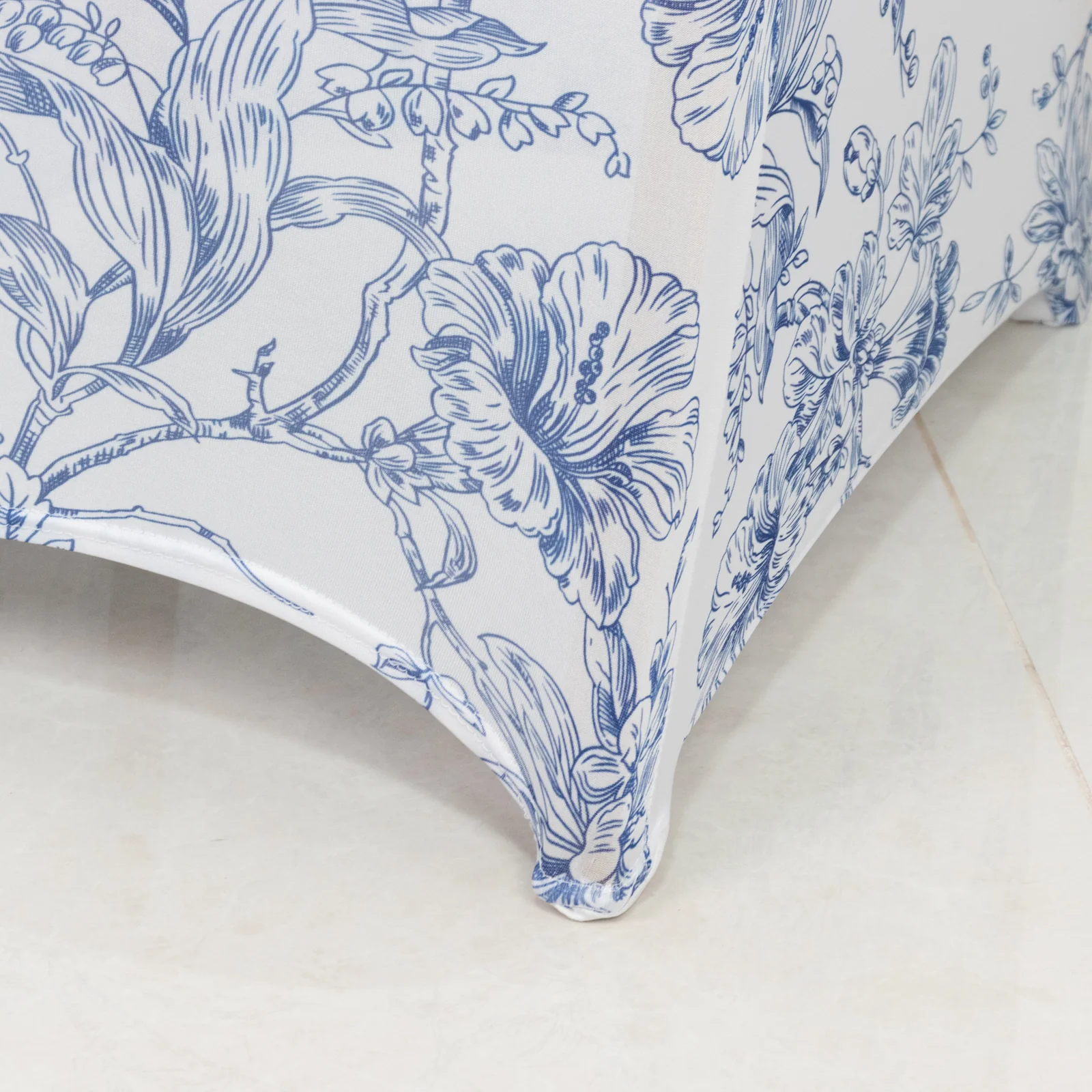 10 Pack Spandex Fitted Banquet Chair Covers – White Blue French Toile Stretch Slip-On Reusable Floral Slipcovers - Image 6
