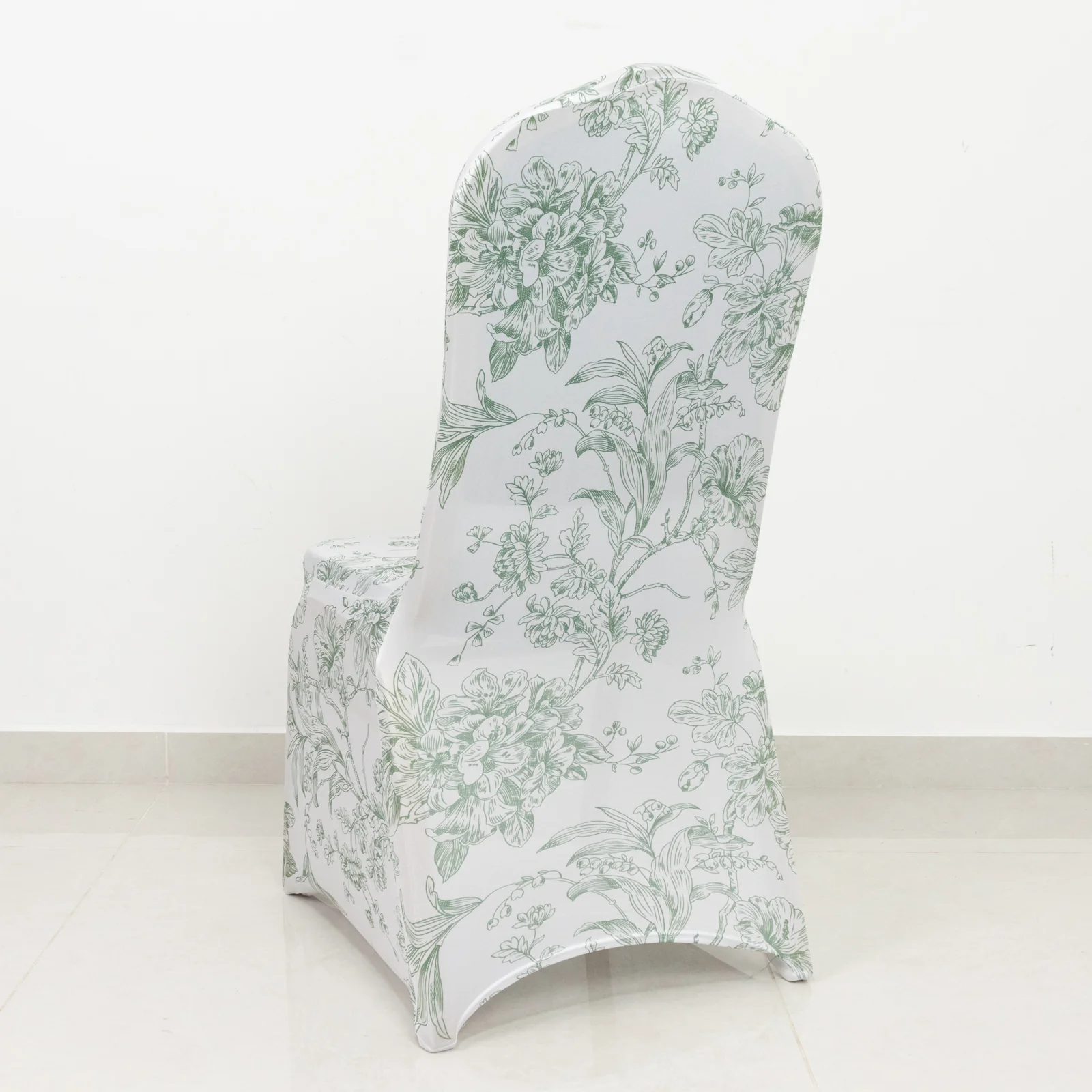 10 Pack Spandex Fitted Banquet Chair Covers – White Dusty Sage Green French Toile Stretch Slip-On Reusable Floral Slipcovers