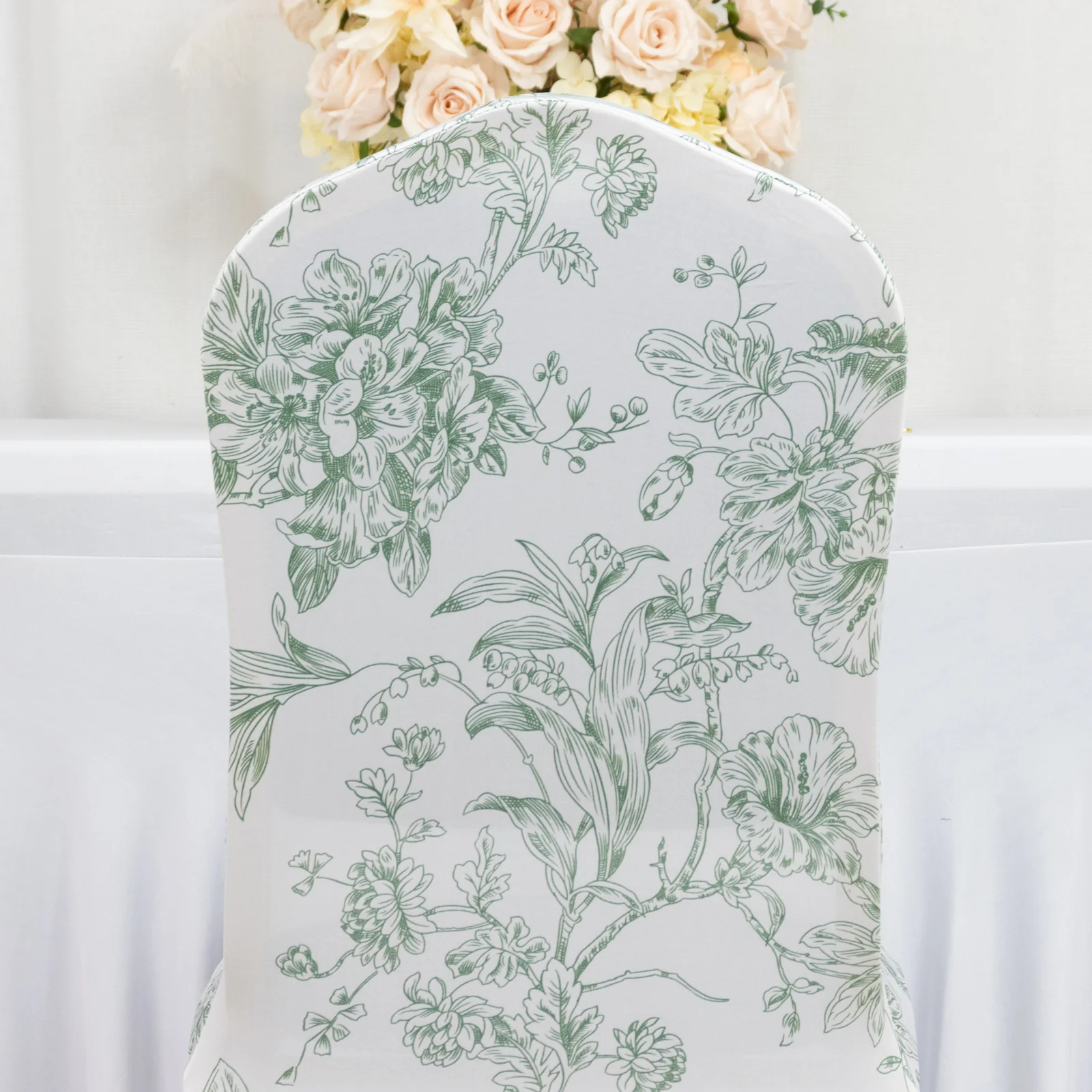 10 Pack Spandex Fitted Banquet Chair Covers – White Dusty Sage Green French Toile Stretch Slip-On Reusable Floral Slipcovers - Image 4
