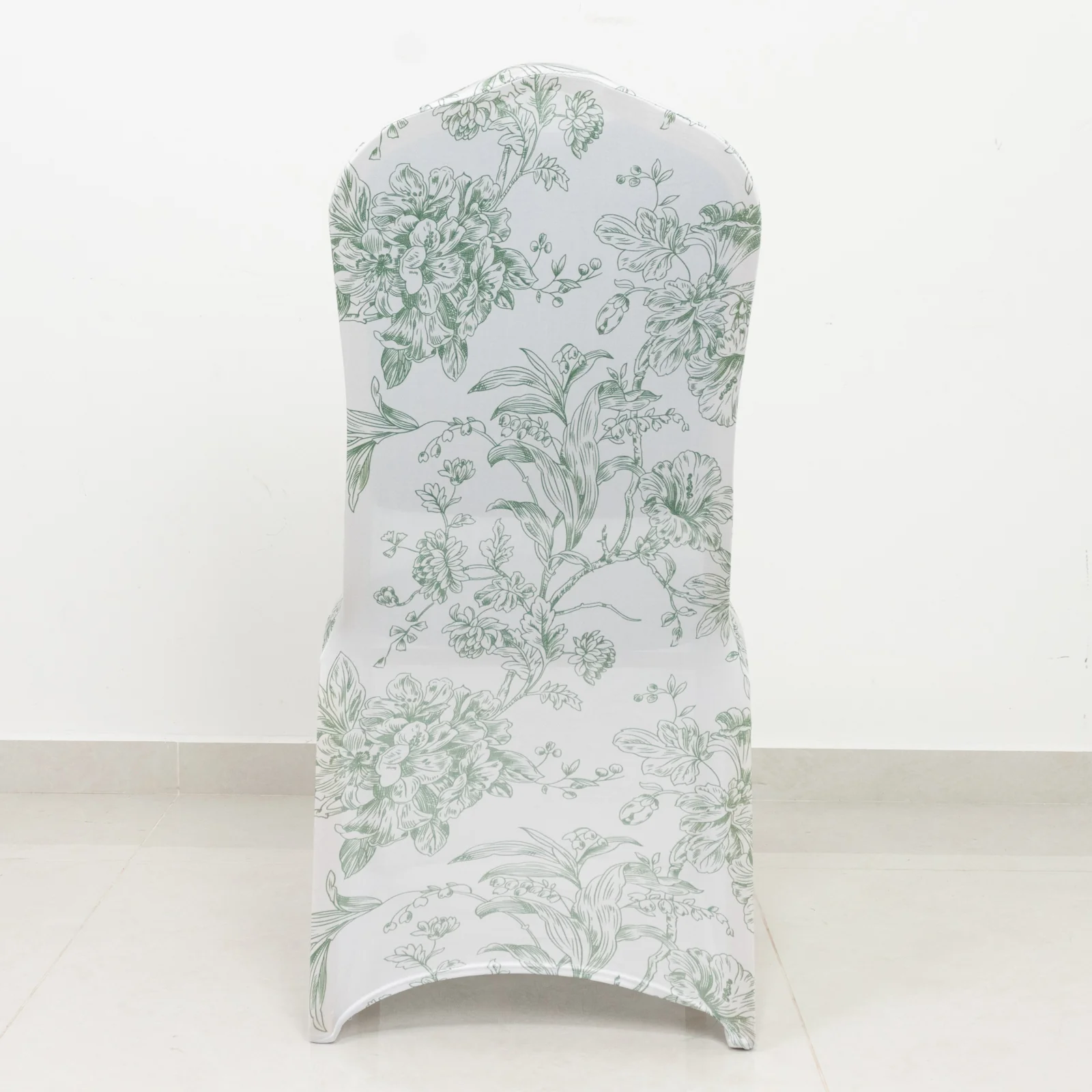 10 Pack Spandex Fitted Banquet Chair Covers – White Dusty Sage Green French Toile Stretch Slip-On Reusable Floral Slipcovers - Image 5