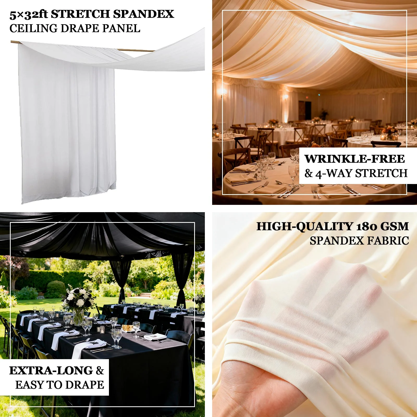 Spandex Ceiling Drape Panel – Ivory, 5ft x 32ft Wrinkle-Free 4-Way Stretch Fabric, Extra-Long Curtain for Event Ceiling or Backdrop Décor - Image 4