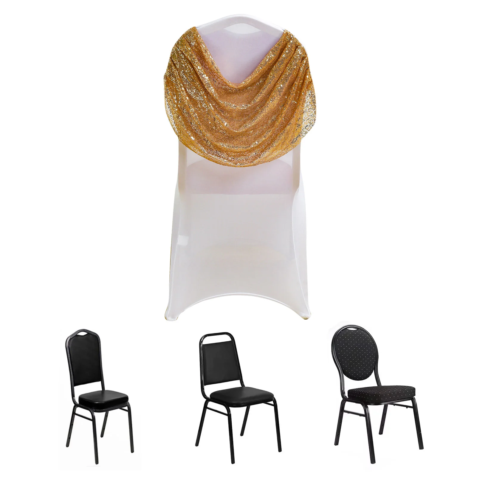 Spandex Fitted Banquet Chair Cover White with Gold Sequin Ruched Swag Back and Foot Pockets, Durable Slip-On Slipcover