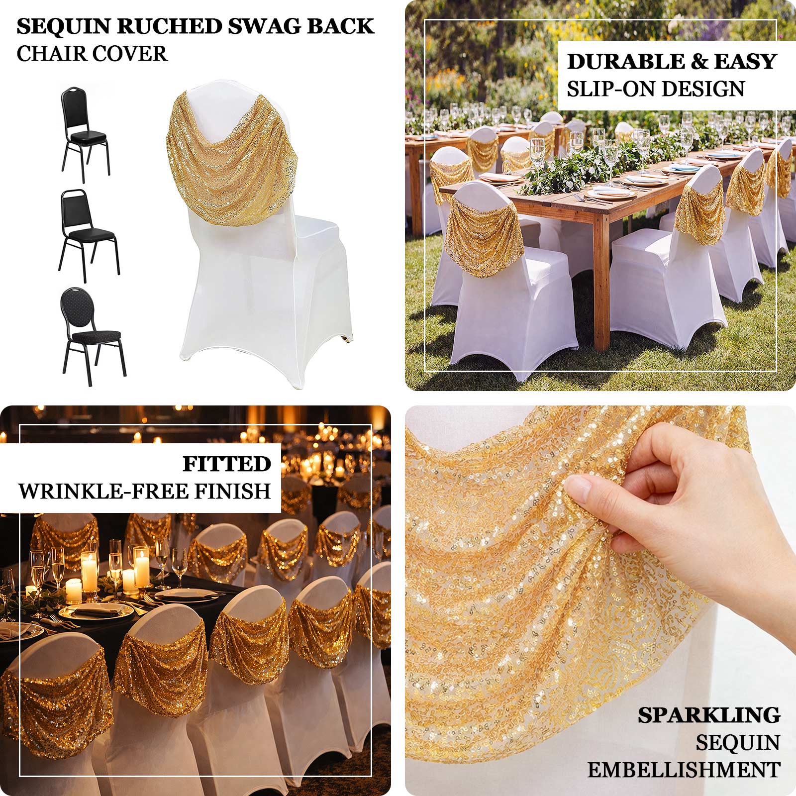 Spandex Fitted Banquet Chair Cover White with Gold Sequin Ruched Swag Back and Foot Pockets, Durable Slip-On Slipcover - Image 4