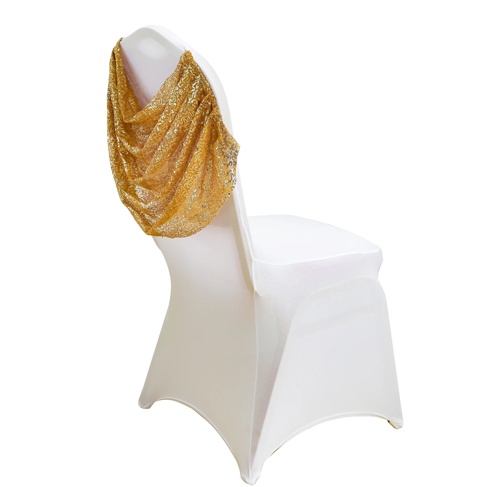 Spandex Fitted Banquet Chair Cover White with Gold Sequin Ruched Swag Back and Foot Pockets, Durable Slip-On Slipcover - Image 6