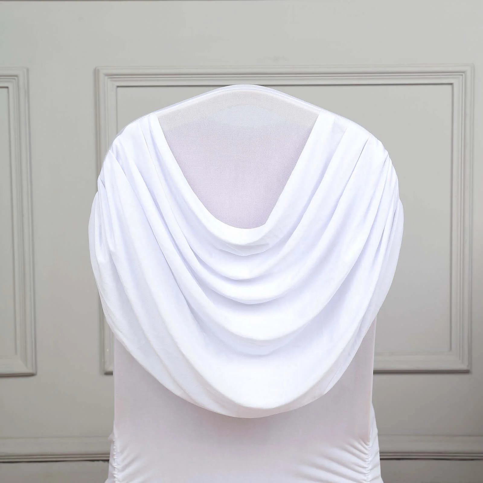 Spandex Fitted Banquet Chair Cover White with Ruched Swag Back and Foot Pockets - Sleek Durable Slip-On Slipcover for Sophisticated Events - Image 2