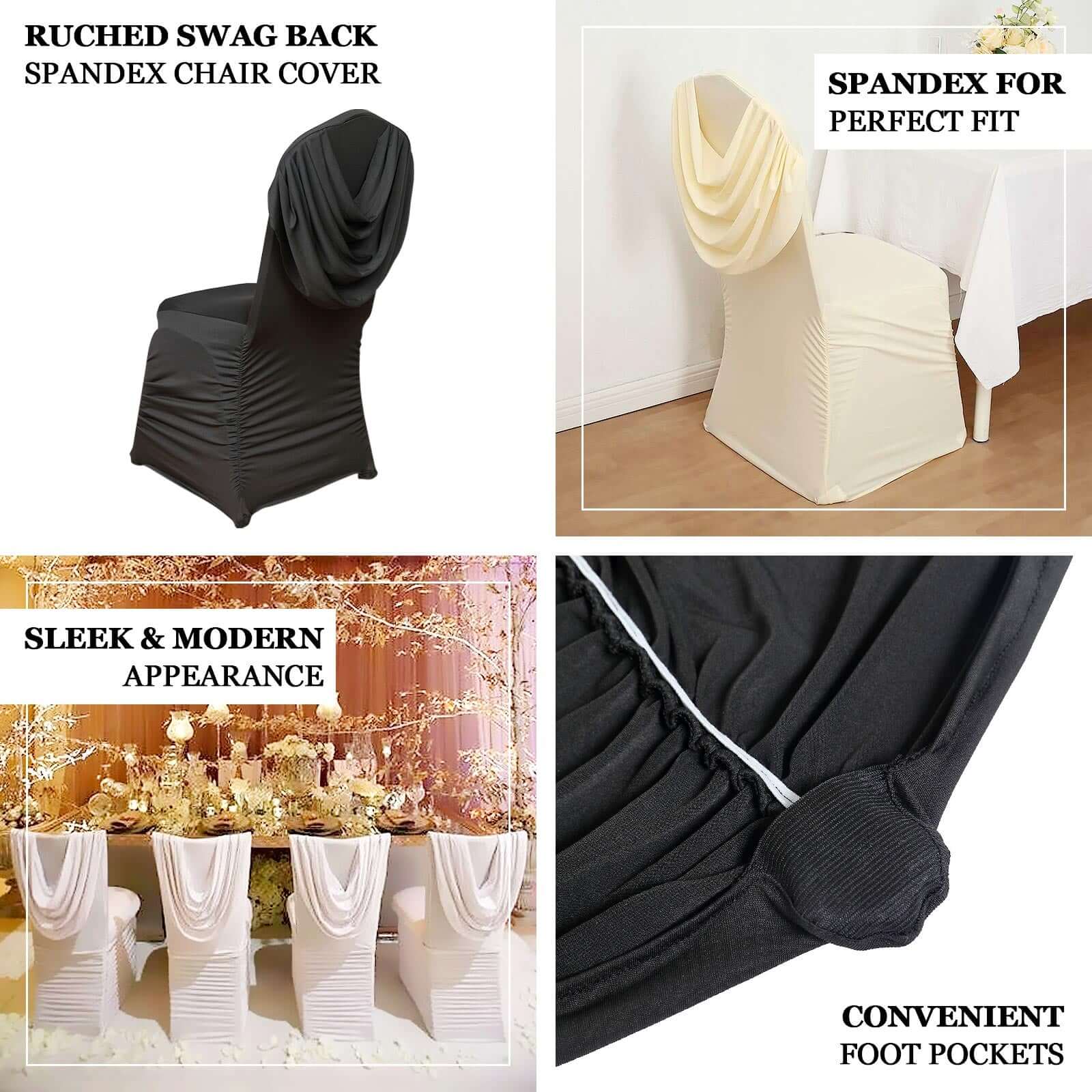 Spandex Fitted Banquet Chair Cover White with Ruched Swag Back and Foot Pockets - Sleek Durable Slip-On Slipcover for Sophisticated Events - Image 3