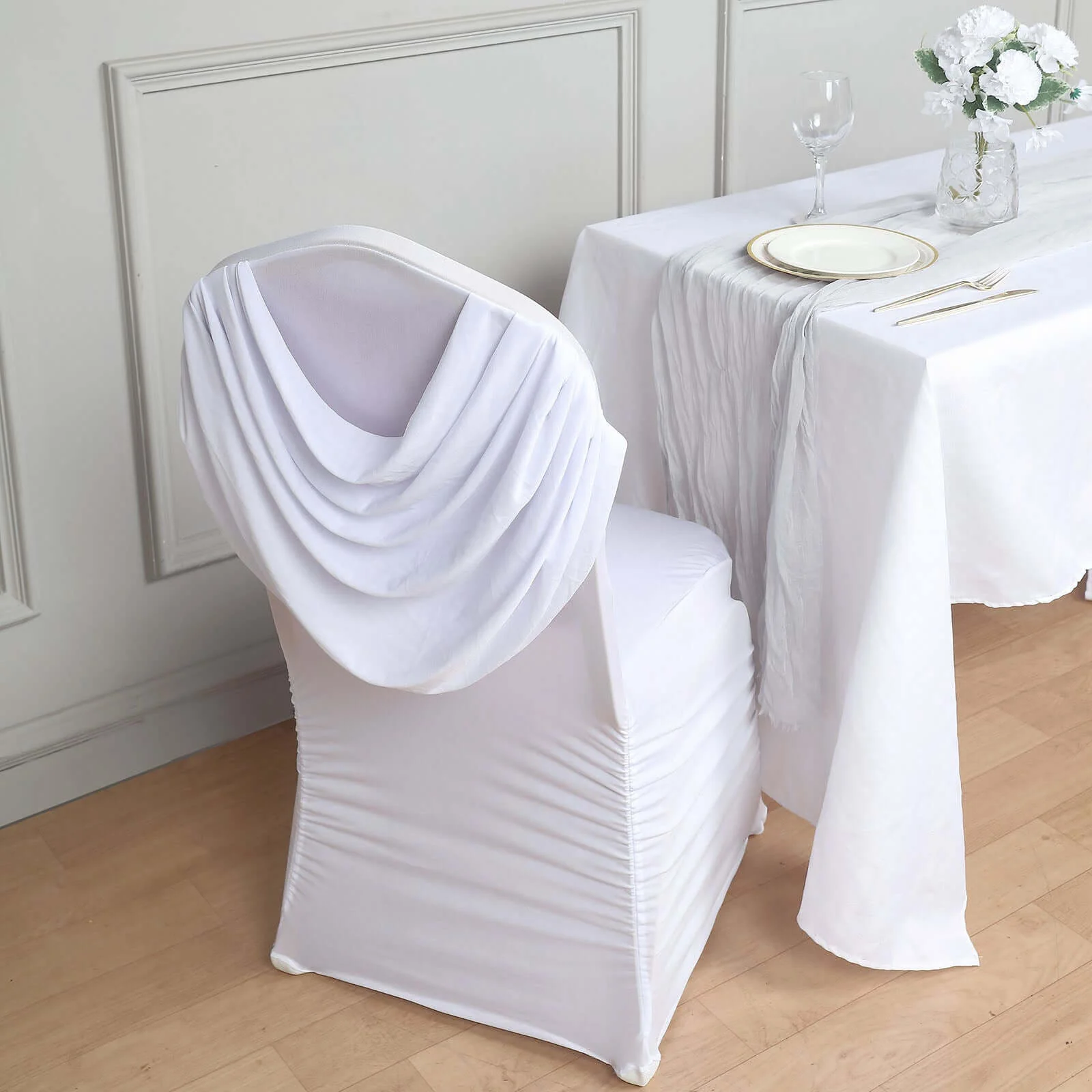 Spandex Fitted Banquet Chair Cover White with Ruched Swag Back and Foot Pockets - Sleek Durable Slip-On Slipcover for Sophisticated Events - Image 5