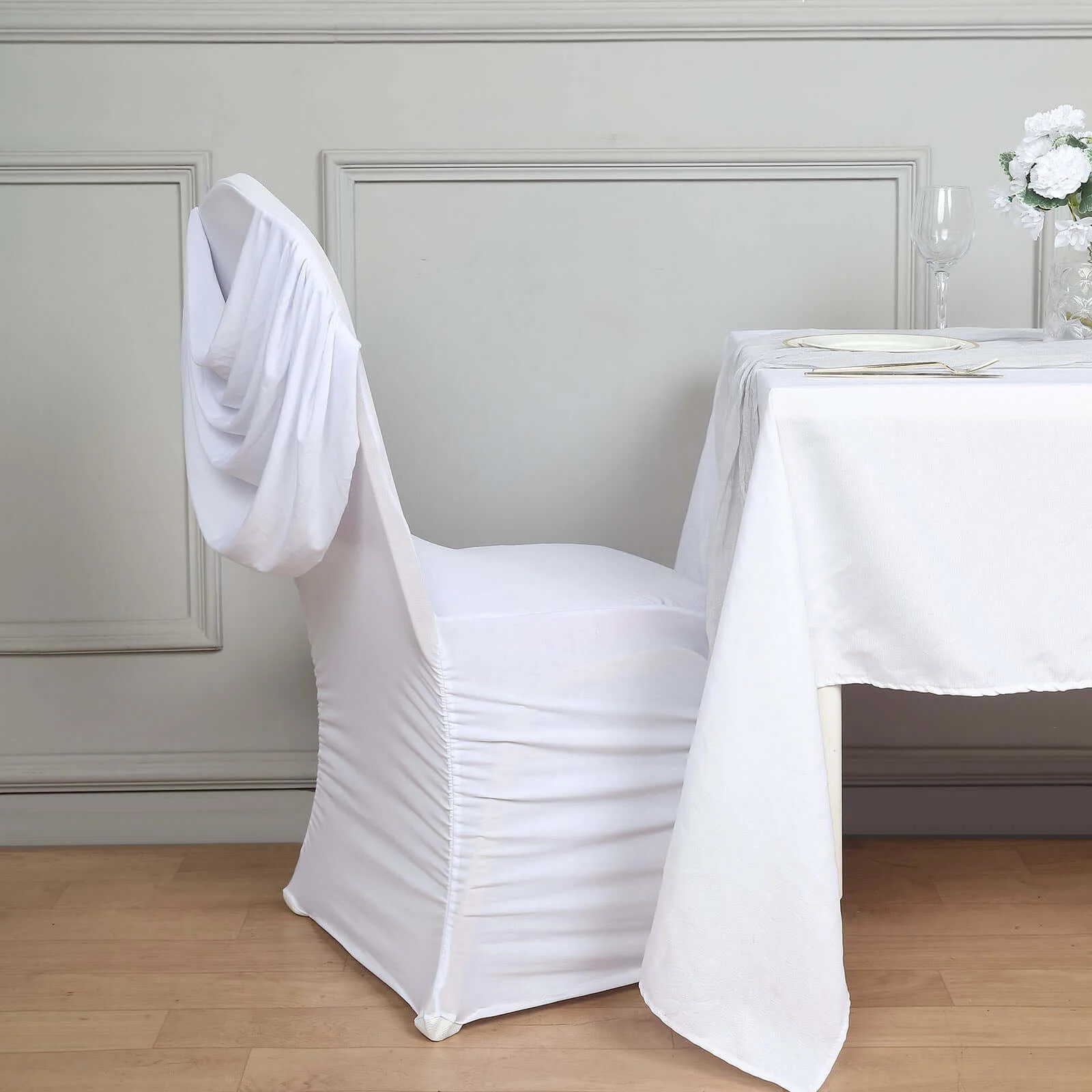 Spandex Fitted Banquet Chair Cover White with Ruched Swag Back and Foot Pockets - Sleek Durable Slip-On Slipcover for Sophisticated Events - Image 7