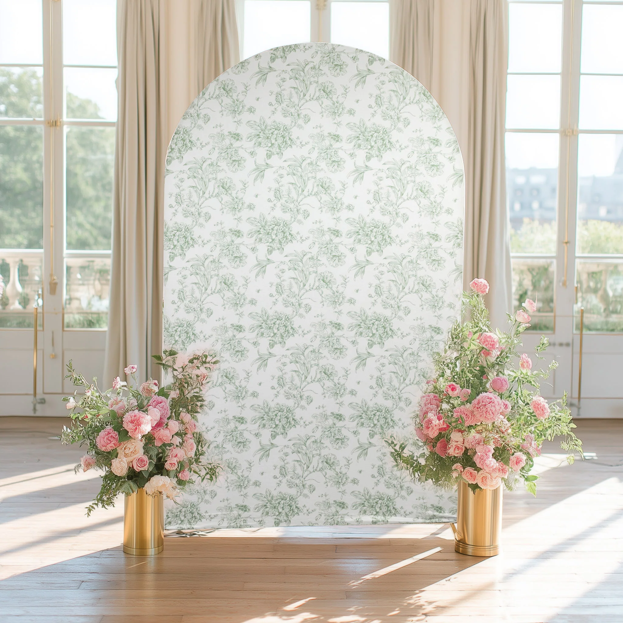 Spandex Fitted Chiara Backdrop Cover – French Toile Floral in Dusty Sage Green & White, Round Top Wedding Arch Slipcover 8ft - Image 6