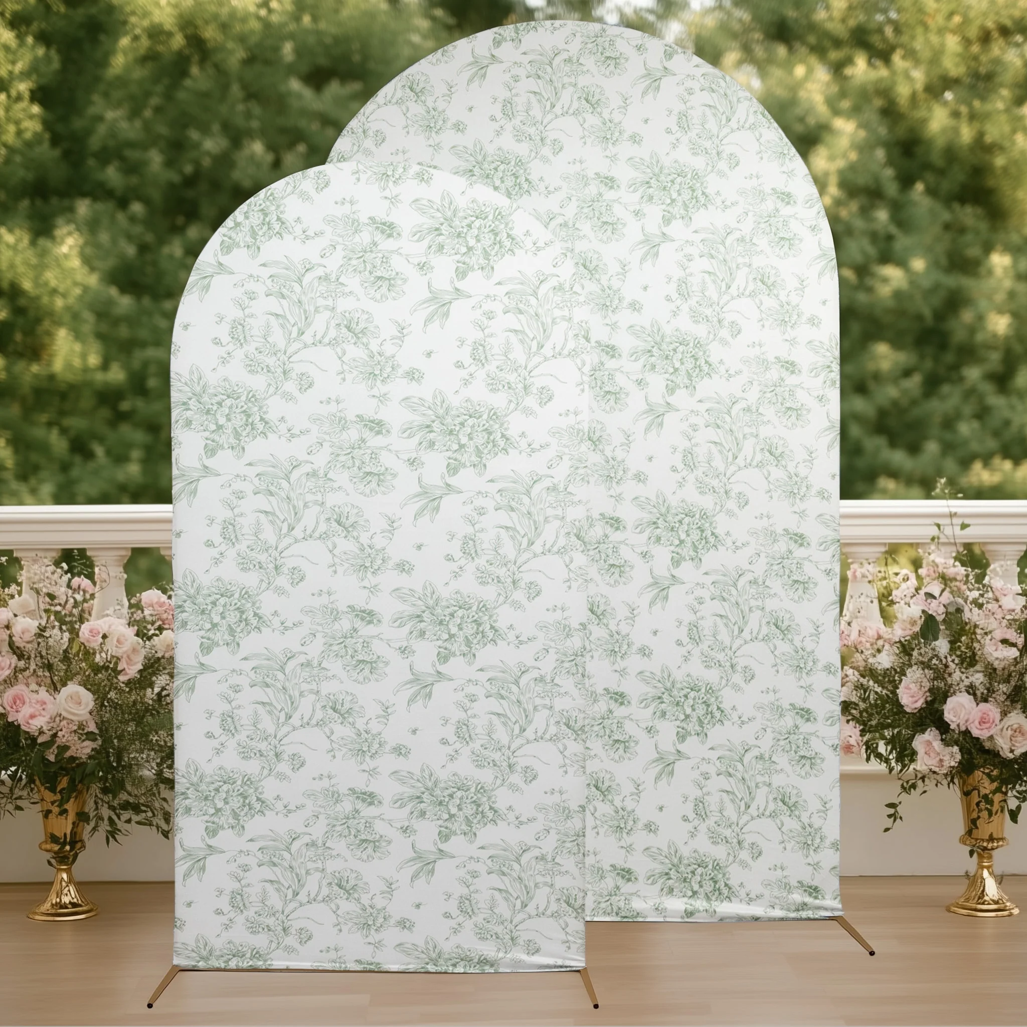 Spandex Fitted Chiara Backdrop Cover – French Toile Floral in Dusty Sage Green & White, Round Top Wedding Arch Slipcover 7ft - Image 4