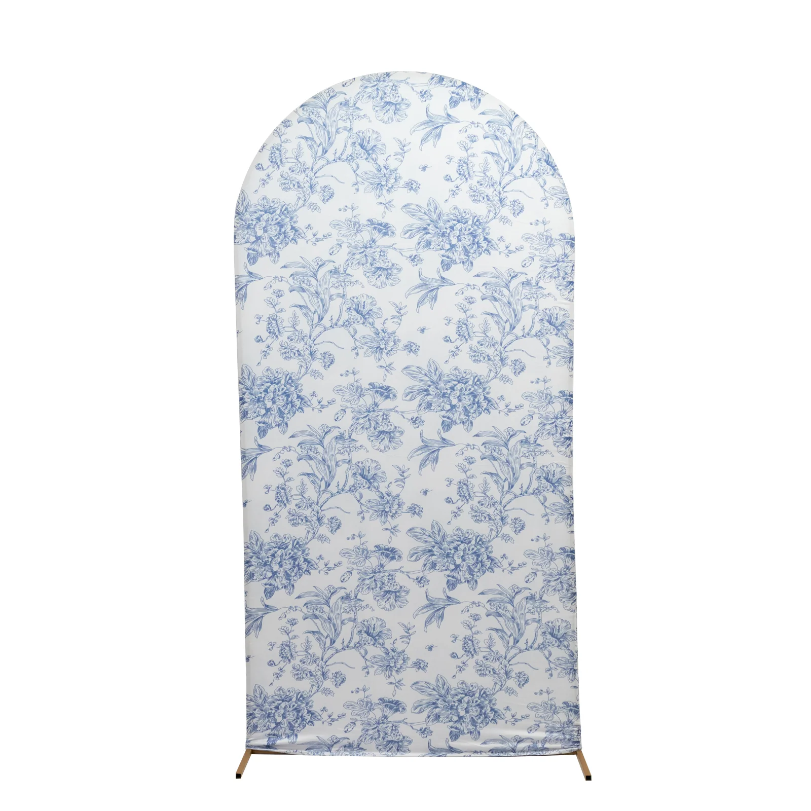 Spandex Fitted Chiara Backdrop Cover – French Toile Floral in Blue & White, Round Top Wedding Arch Slipcover 7ft - Image 2