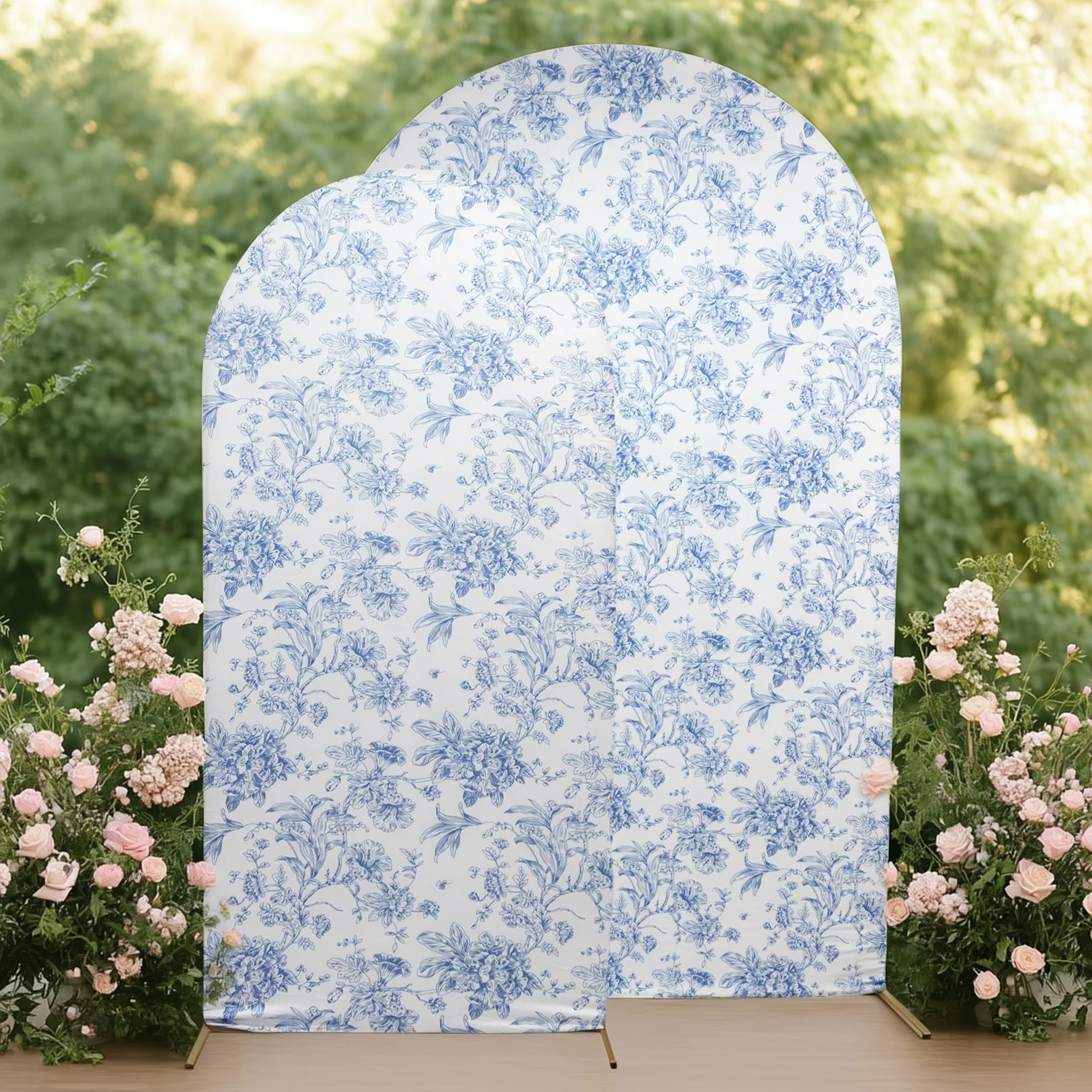 Spandex Fitted Chiara Backdrop Cover – French Toile Floral in Blue & White, Round Top Wedding Arch Slipcover 7ft - Image 4