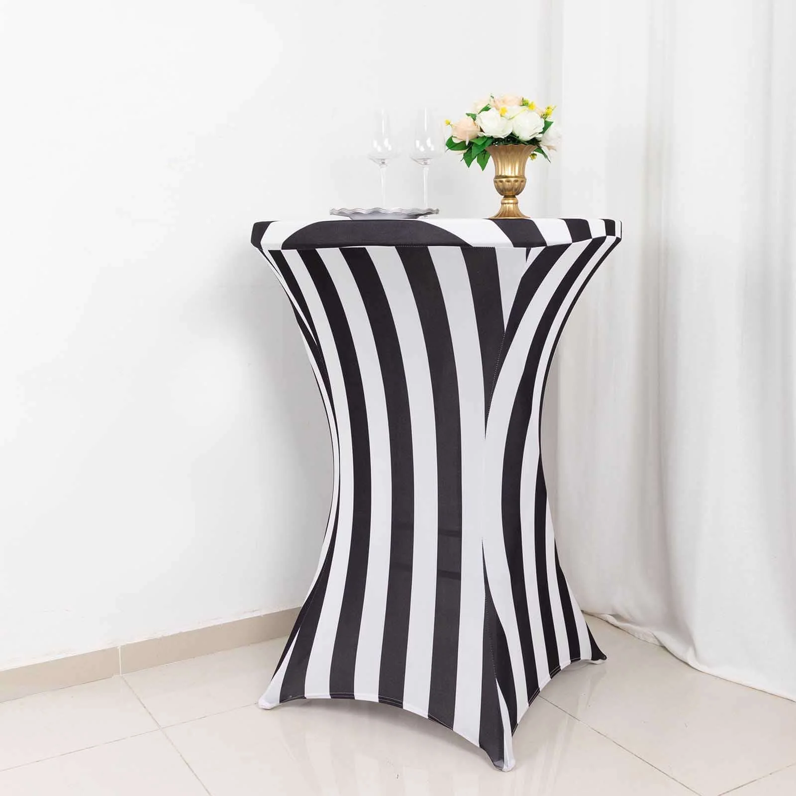 Spandex Fitted Round Cocktail Table Cover 30" Black/White Striped Design - Easy to Maintain Stretch Tablecloth - Image 3