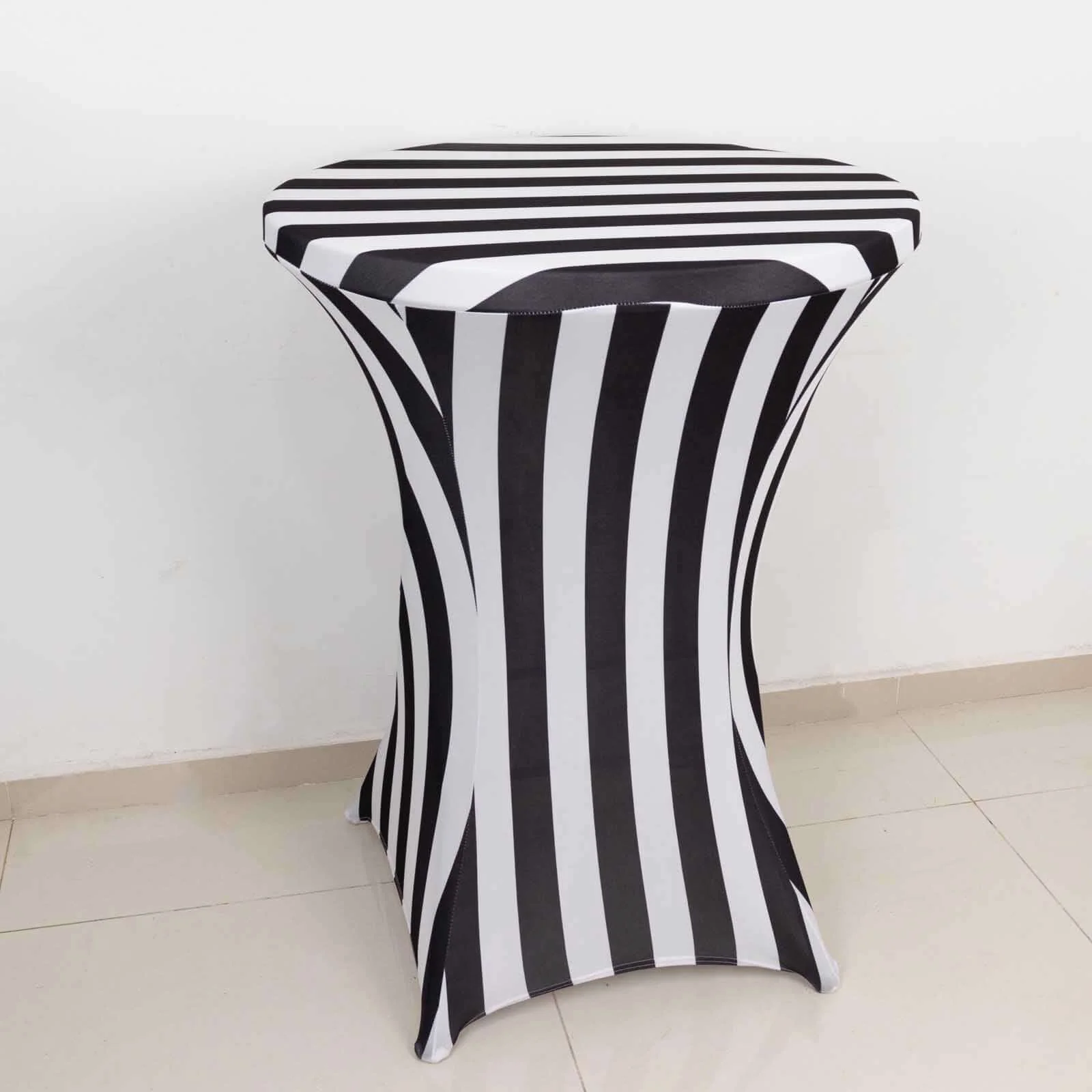 Spandex Fitted Round Cocktail Table Cover 30" Black/White Striped Design - Easy to Maintain Stretch Tablecloth - Image 4