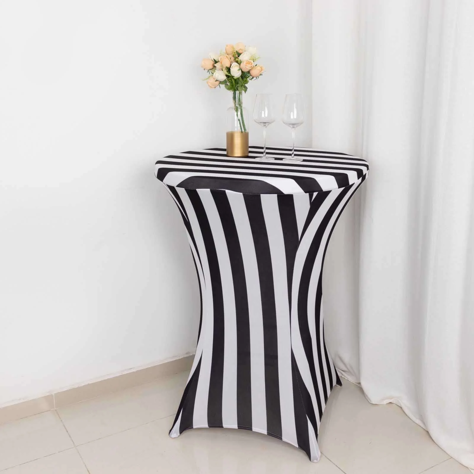 Spandex Fitted Round Cocktail Table Cover 30" Black/White Striped Design - Easy to Maintain Stretch Tablecloth - Image 5