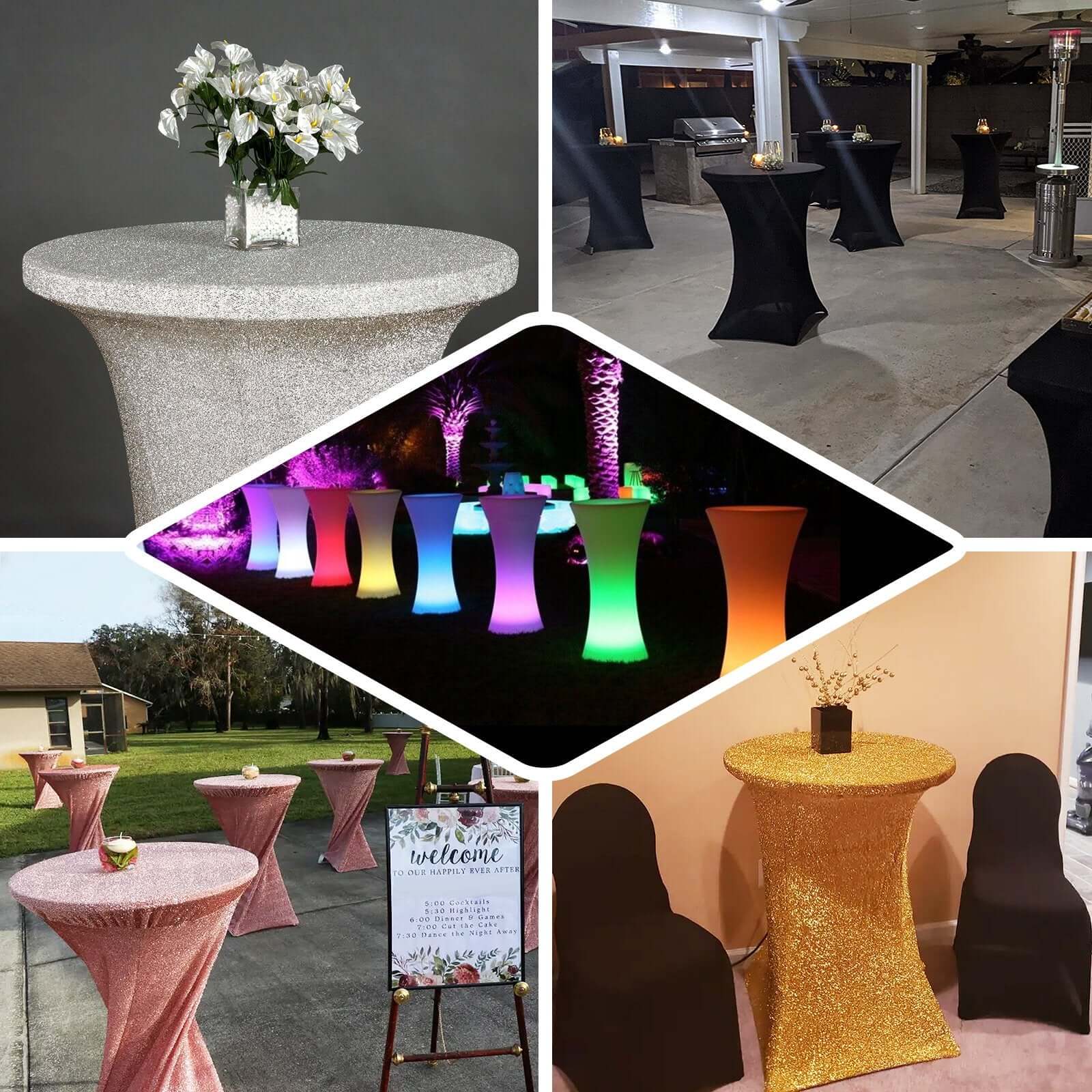 Metallic Spandex Fitted Glitter Cocktail Table Cover 36" Round Silver - Exquisite Stretch Fit for High Top Tables - Image 4