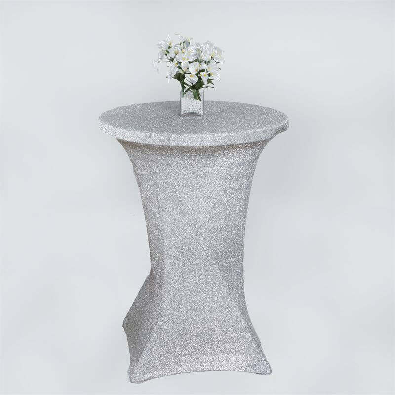 Metallic Spandex Fitted Glitter Cocktail Table Cover 36" Round Silver - Exquisite Stretch Fit for High Top Tables - Image 5