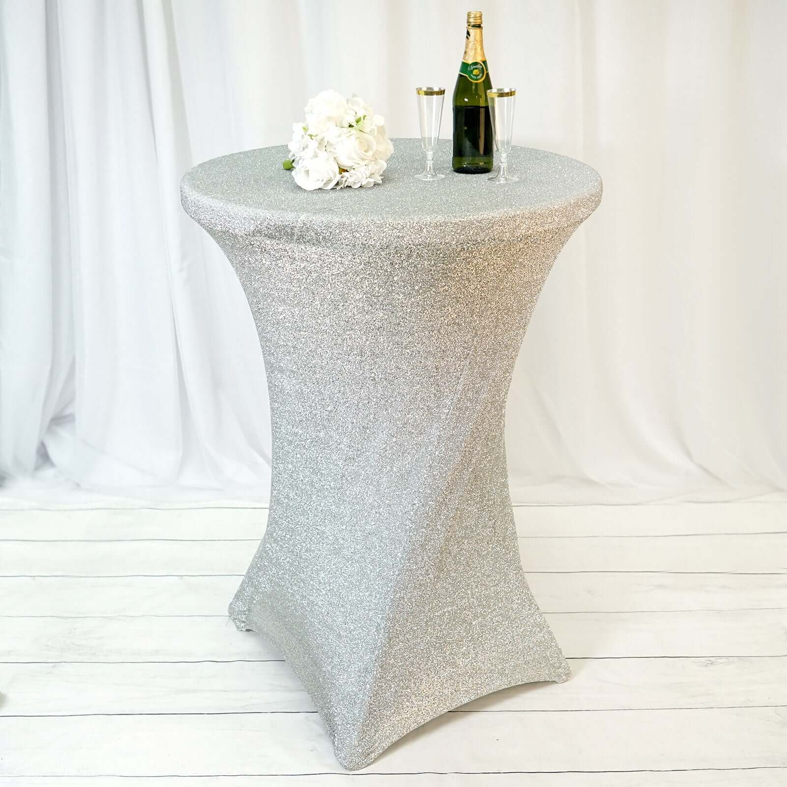 Metallic Spandex Fitted Glitter Cocktail Table Cover 36" Round Silver - Exquisite Stretch Fit for High Top Tables - Image 7
