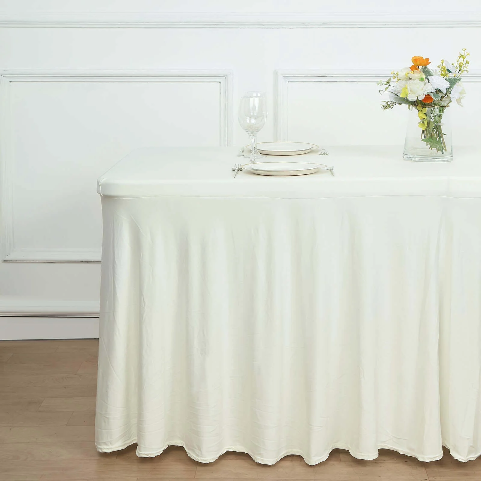 Spandex Rectangle Table Skirt 72"x30" Ivory - Wavy Skirt-Like Table Cover - Image 2