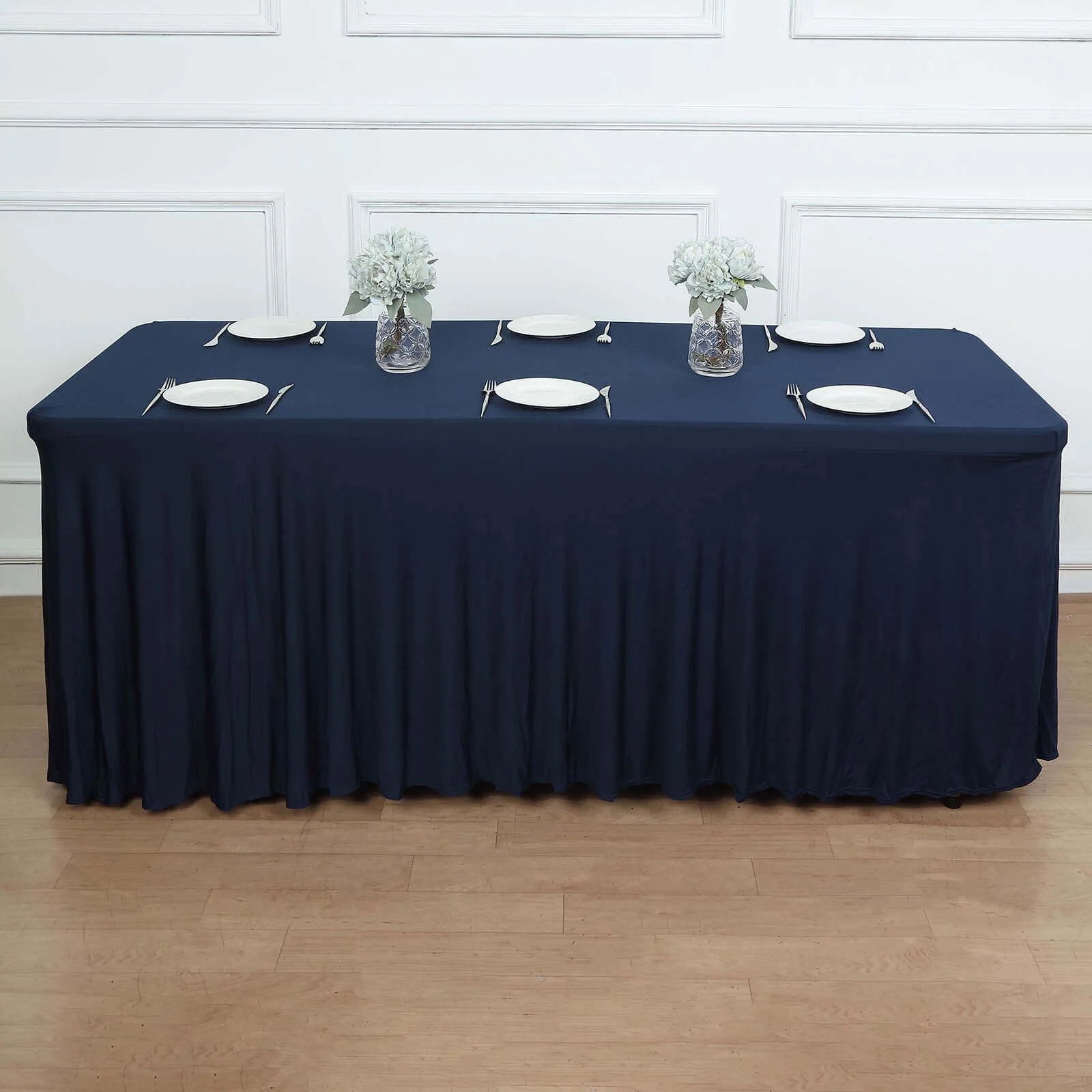 Spandex Rectangle Table Skirt 72"x30" Navy Blue - Wavy Skirt-Like Table Cover - Image 6