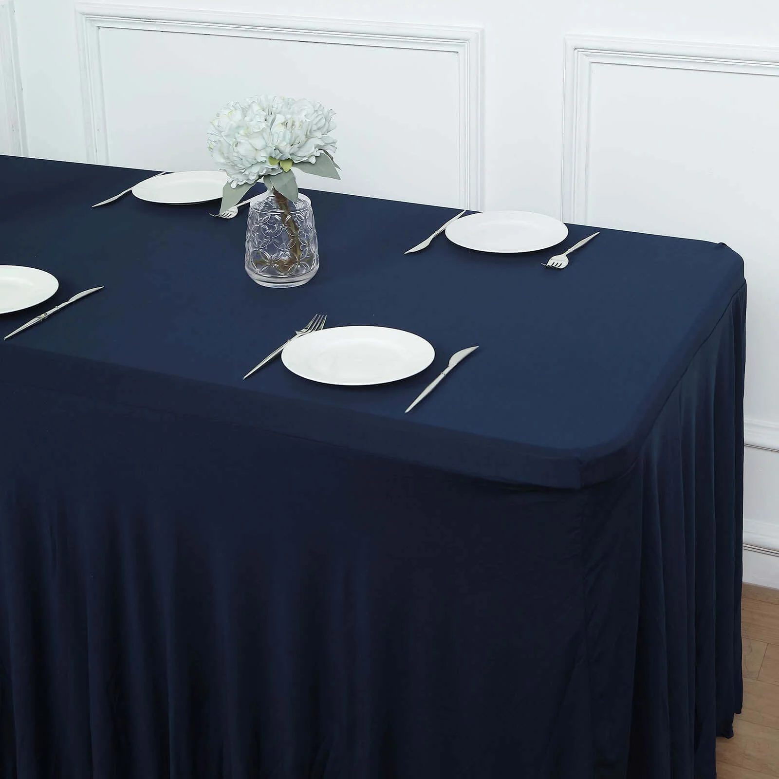 Spandex Rectangle Table Skirt 72"x30" Navy Blue - Wavy Skirt-Like Table Cover - Image 9