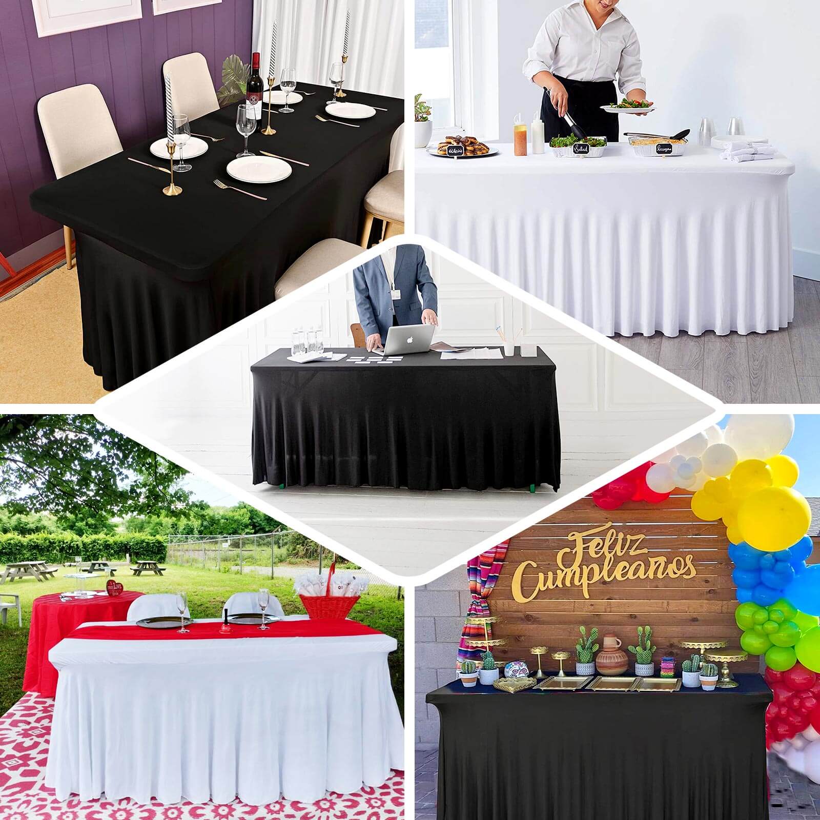 Spandex Rectangle Table Skirt 72"x30" White - Wavy Skirt-Like Effect Classy Table Cover for Trade Shows, Galas & Corporate Events - Image 3